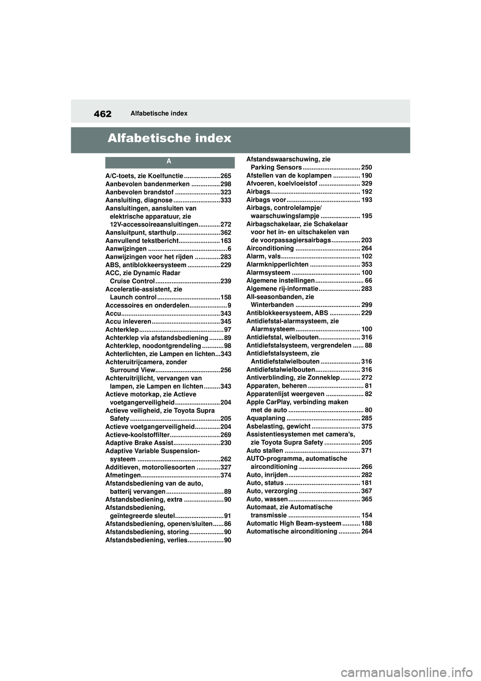 TOYOTA SUPRA 2020 Instructieboekje (in Dutch) 462
Handleiding SupraAlfabetische index
Alfabetische index
A
A/C-toets, zie Koelfunctie .................... 265
Aanbevolen bandenmerken ................ 298
Aanbevolen brandstof ..................... TOYOTA SUPRA 2020 Instructieboekje (in Dutch) 462
Handleiding SupraAlfabetische index
Alfabetische index
A
A/C-toets, zie Koelfunctie .................... 265
Aanbevolen bandenmerken ................ 298
Aanbevolen brandstof .....................