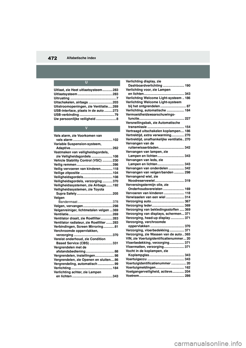 TOYOTA SUPRA 2020 Instructieboekje (in Dutch) 472
Handleiding SupraAlfabetische index
U
Uitlaat, zie Heet uitlaatsysteem ........... 283
Uitlaatsysteem ...................................... 283
Uitrusting ........................................ TOYOTA SUPRA 2020 Instructieboekje (in Dutch) 472
Handleiding SupraAlfabetische index
U
Uitlaat, zie Heet uitlaatsysteem ........... 283
Uitlaatsysteem ...................................... 283
Uitrusting ........................................