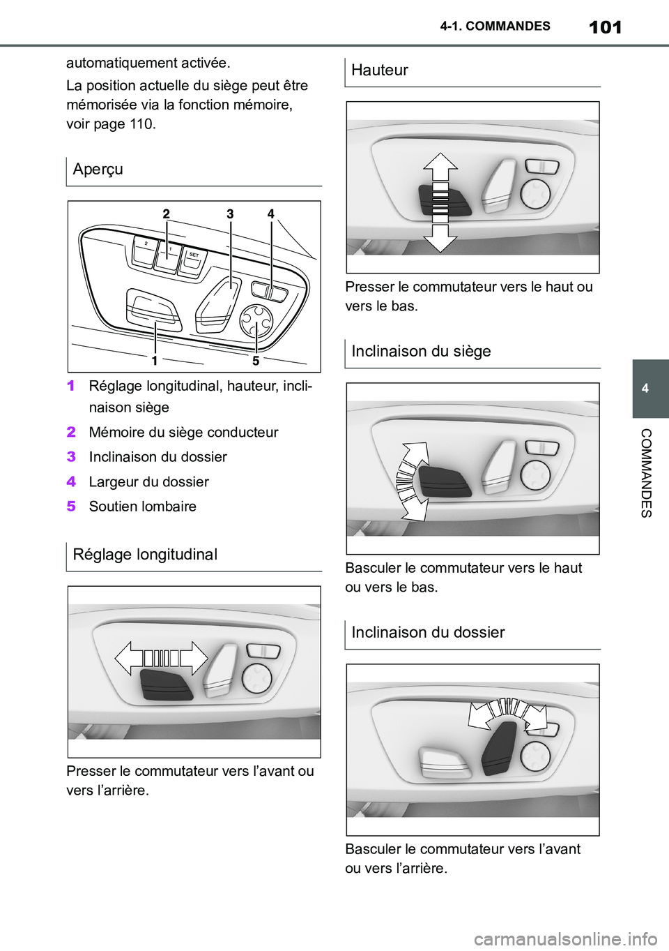 TOYOTA SUPRA 2020  Notices Demploi (in French) 101
4
Supra Owners Manual_EK
4-1. COMMANDES
COMMANDES
automatiquement activée.
La position actuelle du siège peut être 
mémorisée via la fonction mémoire, 
voir page 110.
1Réglage longitudinal