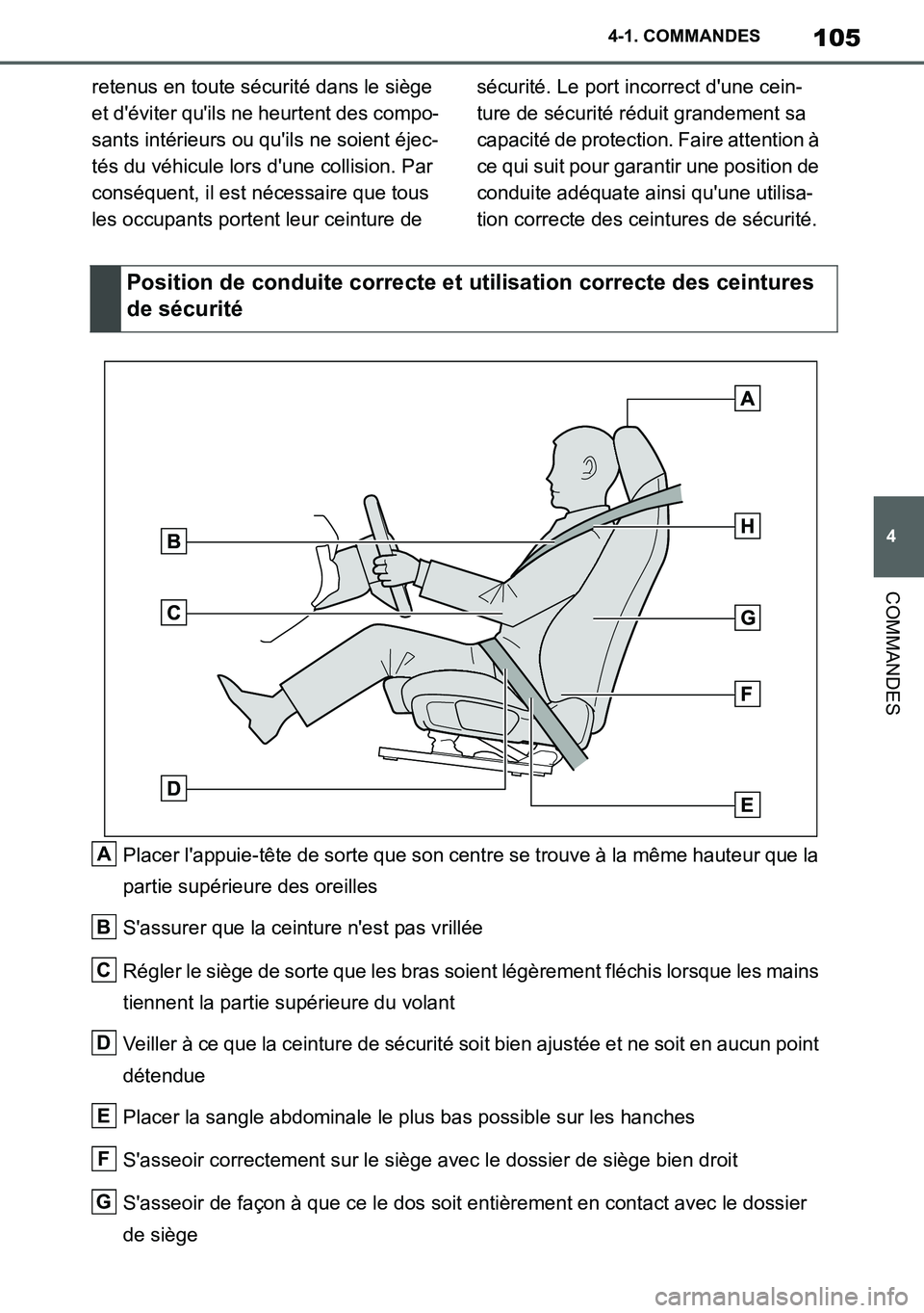 TOYOTA SUPRA 2020  Notices Demploi (in French) 105
4
Supra Owners Manual_EK
4-1. COMMANDES
COMMANDES
retenus en toute sécurité dans le siège 
et déviter quils ne heurtent des compo-
sants intérieurs ou quils ne soient éjec-
tés du véhi