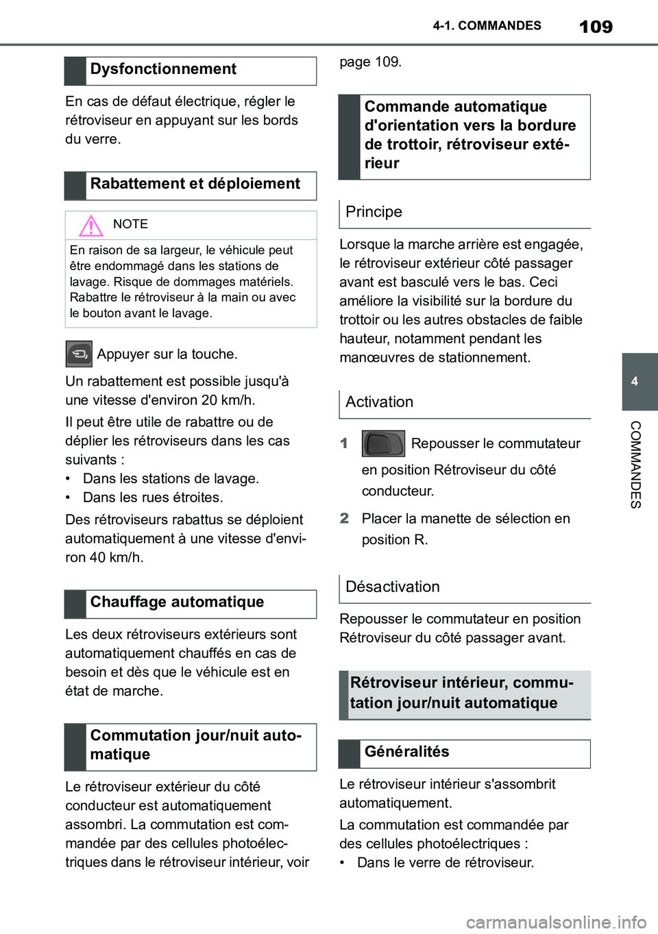 TOYOTA SUPRA 2020  Notices Demploi (in French) 109
4
Supra Owners Manual_EK
4-1. COMMANDES
COMMANDES
En cas de défaut électrique, régler le 
rétroviseur en appuyant sur les bords 
du verre.
 Appuyer sur la touche.
Un rabattement est possible 
