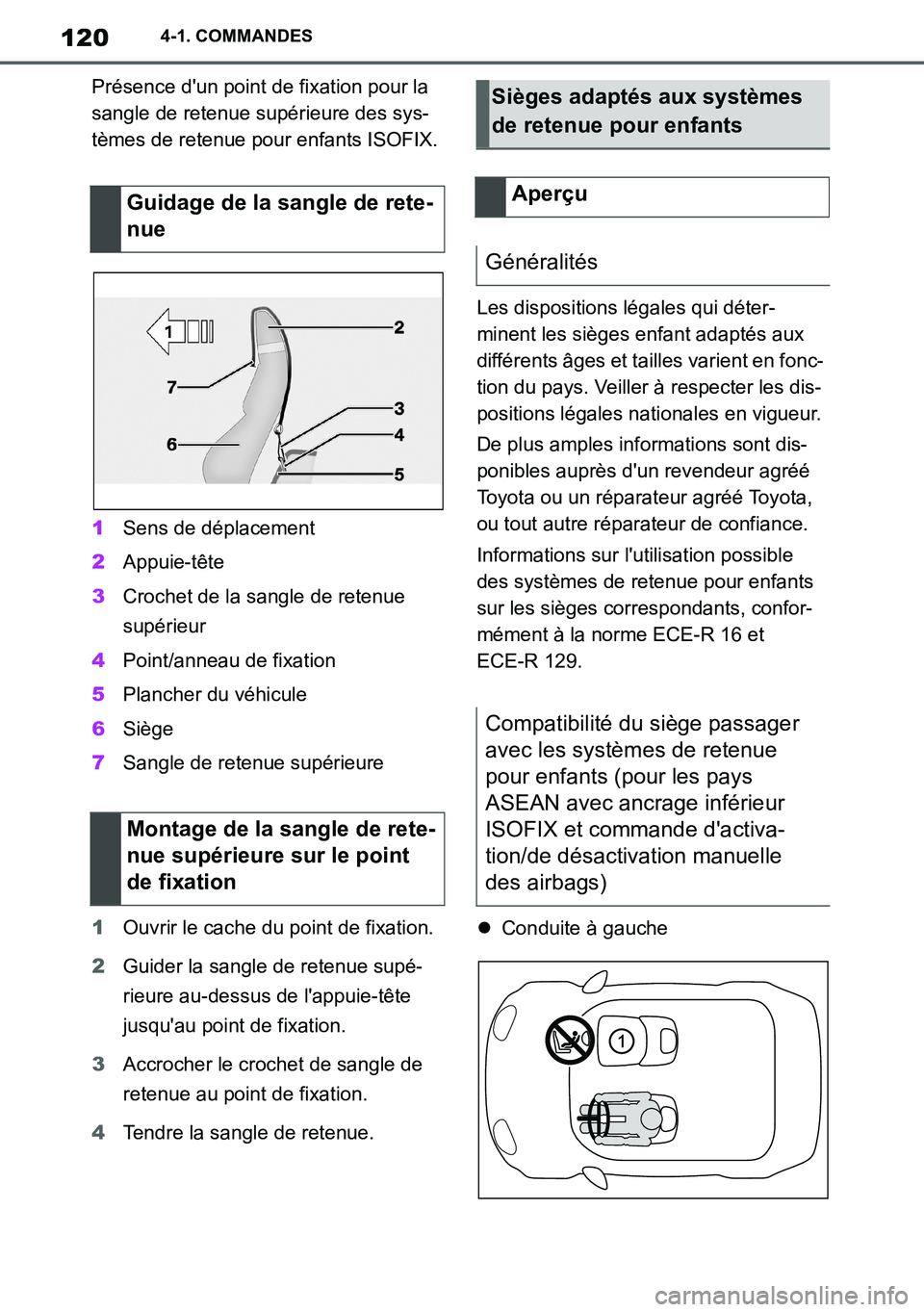 TOYOTA SUPRA 2020 Notices Demploi (in French) 120
Supra Owners Manual_EK
4-1. COMMANDES
Présence dun point de fixation pour la
sangle de retenue supérieure des sys-
tèmes de retenue pour enfants ISOFIX.
1Sens de déplacement
2Appuie-tête
3 TOYOTA SUPRA 2020 Notices Demploi (in French) 120
Supra Owners Manual_EK
4-1. COMMANDES
Présence dun point de fixation pour la
sangle de retenue supérieure des sys-
tèmes de retenue pour enfants ISOFIX.
1Sens de déplacement
2Appuie-tête
3