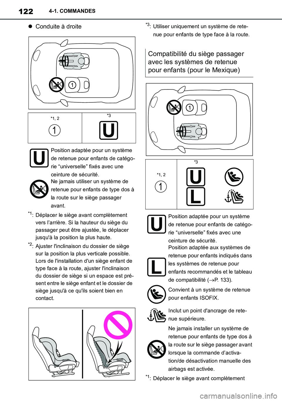 TOYOTA SUPRA 2020 Notices Demploi (in French) 122
Supra Owners Manual_EK
4-1. COMMANDES
Conduite à droite
*1: Déplacer le siège avant complètement
vers l’arrière. Si la hauteur du siège du
passager peut être ajustée, le déplacer TOYOTA SUPRA 2020 Notices Demploi (in French) 122
Supra Owners Manual_EK
4-1. COMMANDES
Conduite à droite
*1: Déplacer le siège avant complètement
vers l’arrière. Si la hauteur du siège du
passager peut être ajustée, le déplacer