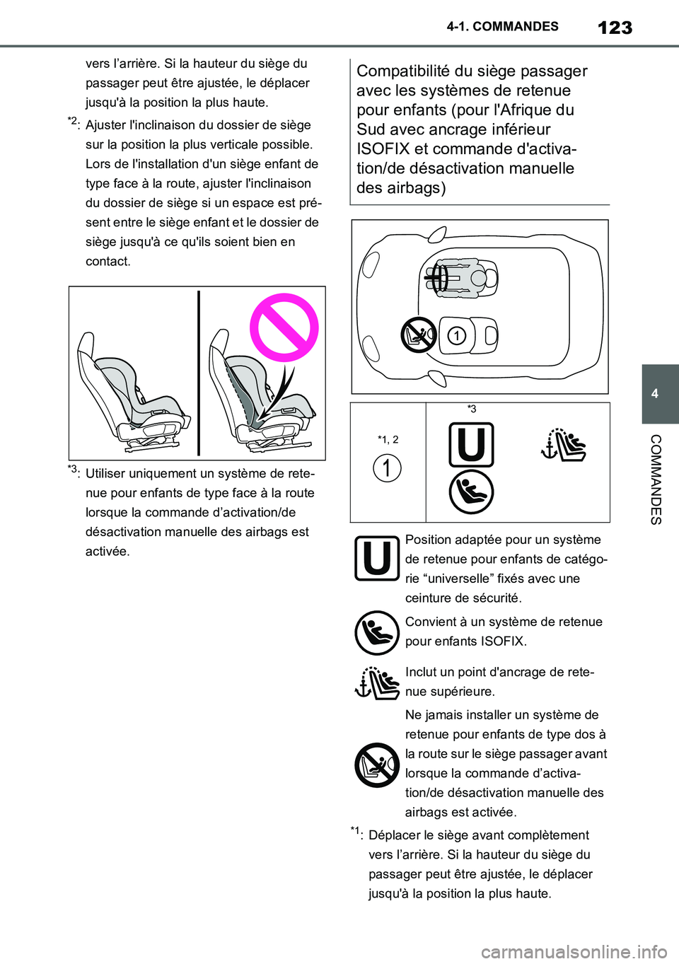 TOYOTA SUPRA 2020 Notices Demploi (in French) 123
4
Supra Owners Manual_EK
4-1. COMMANDES
COMMANDES
vers l’arrière. Si la hauteur du siège du
passager peut être ajustée, le déplacer
jusquà la position la plus haute.
*2: Ajuster lincl TOYOTA SUPRA 2020 Notices Demploi (in French) 123
4
Supra Owners Manual_EK
4-1. COMMANDES
COMMANDES
vers l’arrière. Si la hauteur du siège du
passager peut être ajustée, le déplacer
jusquà la position la plus haute.
*2: Ajuster lincl