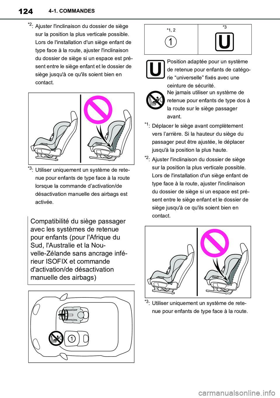 TOYOTA SUPRA 2020 Notices Demploi (in French) 124
Supra Owners Manual_EK
4-1. COMMANDES
*2: Ajuster linclinaison du dossier de siège
sur la position la plus verticale possible.
Lors de linstallation dun siège enfant de
type face à la ro TOYOTA SUPRA 2020 Notices Demploi (in French) 124
Supra Owners Manual_EK
4-1. COMMANDES
*2: Ajuster linclinaison du dossier de siège
sur la position la plus verticale possible.
Lors de linstallation dun siège enfant de
type face à la ro