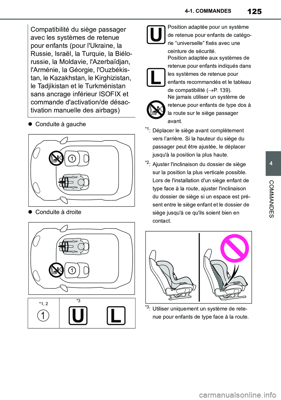 TOYOTA SUPRA 2020 Notices Demploi (in French) 125
4
Supra Owners Manual_EK
4-1. COMMANDES
COMMANDES
Conduite à gauche
Conduite à droite*1: Déplacer le siège avant complètement
vers l’arrière. Si la hauteur du siège du
passager p TOYOTA SUPRA 2020 Notices Demploi (in French) 125
4
Supra Owners Manual_EK
4-1. COMMANDES
COMMANDES
Conduite à gauche
Conduite à droite*1: Déplacer le siège avant complètement
vers l’arrière. Si la hauteur du siège du
passager p