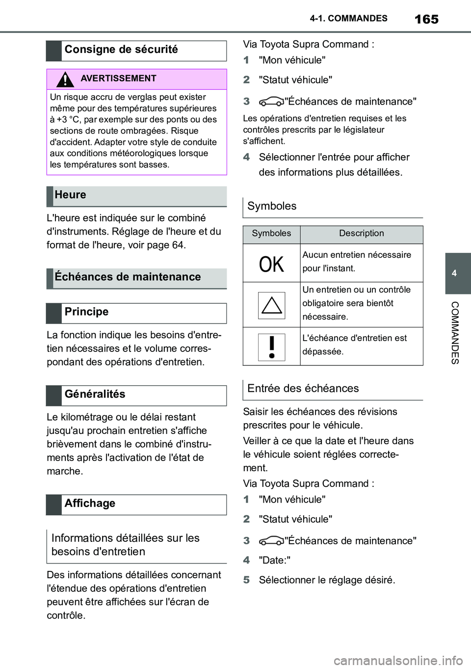TOYOTA SUPRA 2020 Notices Demploi (in French) 165
4
Supra Owners Manual_EK
4-1. COMMANDES
COMMANDES
Lheure est indiquée sur le combiné
dinstruments. Réglage de lheure et du
format de lheure, voir page 64.
La fonction indique les besoins TOYOTA SUPRA 2020 Notices Demploi (in French) 165
4
Supra Owners Manual_EK
4-1. COMMANDES
COMMANDES
Lheure est indiquée sur le combiné
dinstruments. Réglage de lheure et du
format de lheure, voir page 64.
La fonction indique les besoins