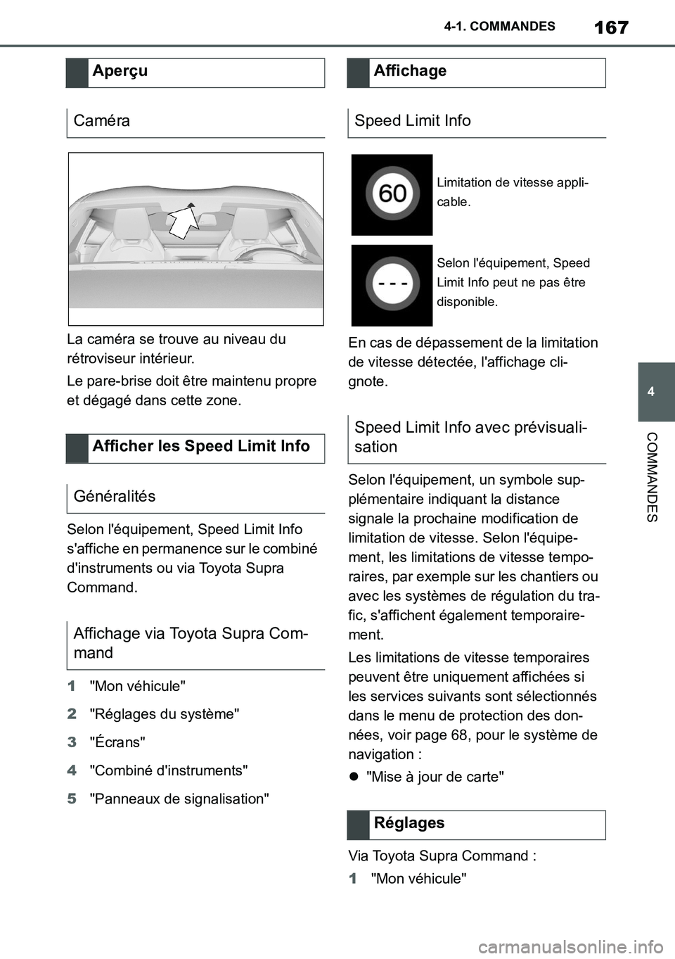 TOYOTA SUPRA 2020 Notices Demploi (in French) 167
4
Supra Owners Manual_EK
4-1. COMMANDES
COMMANDES
La caméra se trouve au niveau du
rétroviseur intérieur.
Le pare-brise doit être maintenu propre
et dégagé dans cette zone.
Selon léquip TOYOTA SUPRA 2020 Notices Demploi (in French) 167
4
Supra Owners Manual_EK
4-1. COMMANDES
COMMANDES
La caméra se trouve au niveau du
rétroviseur intérieur.
Le pare-brise doit être maintenu propre
et dégagé dans cette zone.
Selon léquip