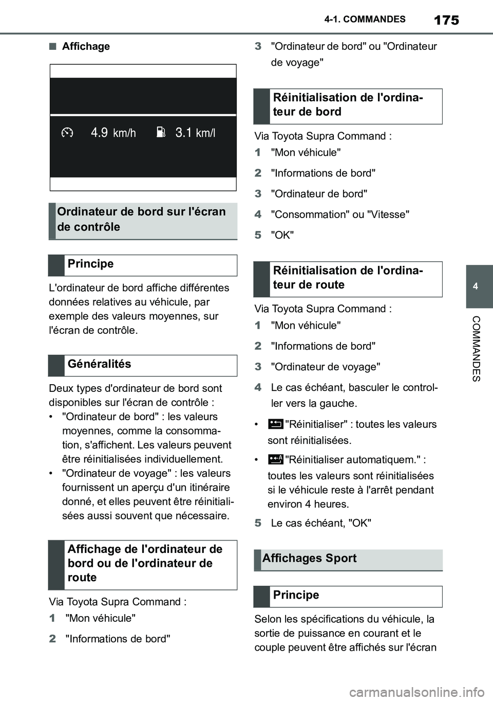 TOYOTA SUPRA 2020 Notices Demploi (in French) 175
4
Supra Owners Manual_EK
4-1. COMMANDES
COMMANDES
■Affichage
Lordinateur de bord affiche différentes
données relatives au véhicule, par
exemple des valeurs moyennes, sur
lécran de cont TOYOTA SUPRA 2020 Notices Demploi (in French) 175
4
Supra Owners Manual_EK
4-1. COMMANDES
COMMANDES
■Affichage
Lordinateur de bord affiche différentes
données relatives au véhicule, par
exemple des valeurs moyennes, sur
lécran de cont
