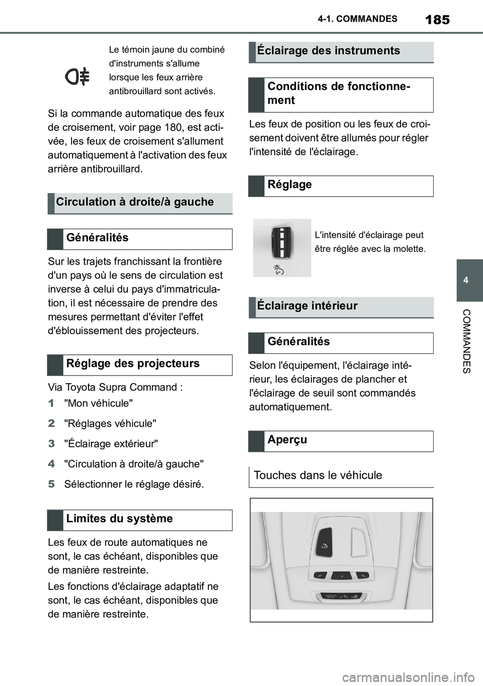 TOYOTA SUPRA 2020 Notices Demploi (in French) 185
4
Supra Owners Manual_EK
4-1. COMMANDES
COMMANDES
Si la commande automatique des feux
de croisement, voir page 180, est acti-
vée, les feux de croisement sallument
automatiquement à lactiva TOYOTA SUPRA 2020 Notices Demploi (in French) 185
4
Supra Owners Manual_EK
4-1. COMMANDES
COMMANDES
Si la commande automatique des feux
de croisement, voir page 180, est acti-
vée, les feux de croisement sallument
automatiquement à lactiva