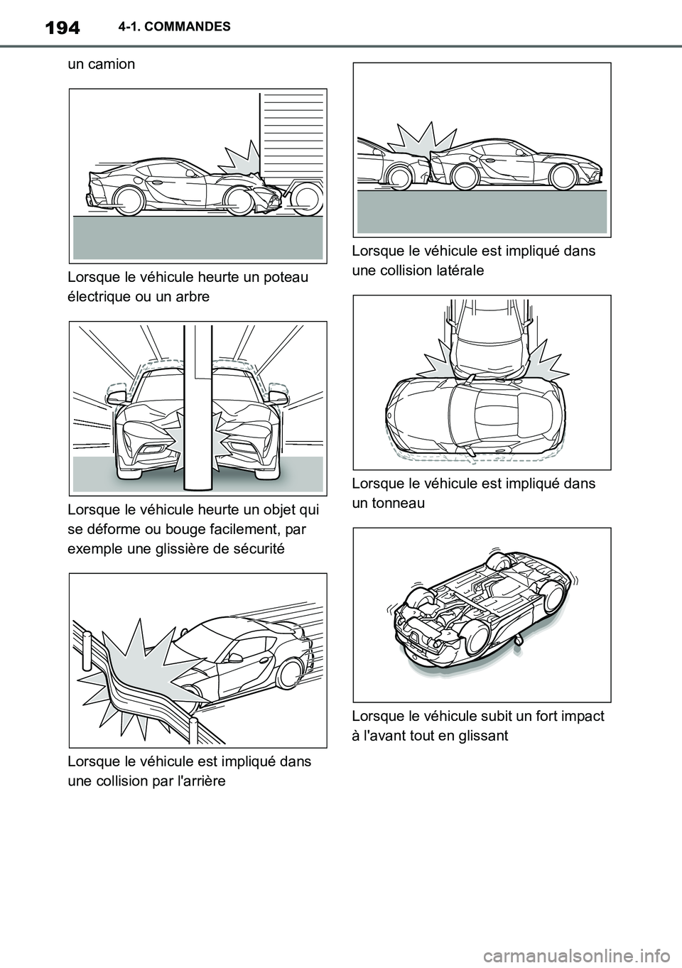 TOYOTA SUPRA 2020 Notices Demploi (in French) 194
Supra Owners Manual_EK
4-1. COMMANDES
un camion
Lorsque le véhicule heurte un poteau
électrique ou un arbre
Lorsque le véhicule heurte un objet qui
se déforme ou bouge facilement, par
exem TOYOTA SUPRA 2020 Notices Demploi (in French) 194
Supra Owners Manual_EK
4-1. COMMANDES
un camion
Lorsque le véhicule heurte un poteau
électrique ou un arbre
Lorsque le véhicule heurte un objet qui
se déforme ou bouge facilement, par
exem