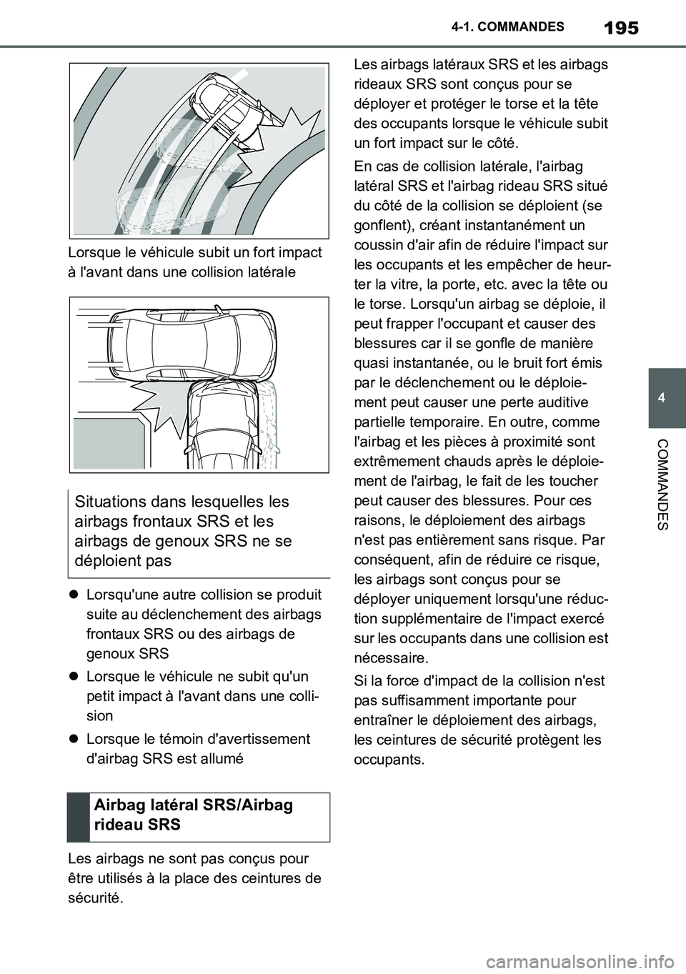 TOYOTA SUPRA 2020 Notices Demploi (in French) 195
4
Supra Owners Manual_EK
4-1. COMMANDES
COMMANDES
Lorsque le véhicule subit un fort impact
à lavant dans une collision latérale
Lorsquune autre collision se produit
suite au déclenchem TOYOTA SUPRA 2020 Notices Demploi (in French) 195
4
Supra Owners Manual_EK
4-1. COMMANDES
COMMANDES
Lorsque le véhicule subit un fort impact
à lavant dans une collision latérale
Lorsquune autre collision se produit
suite au déclenchem