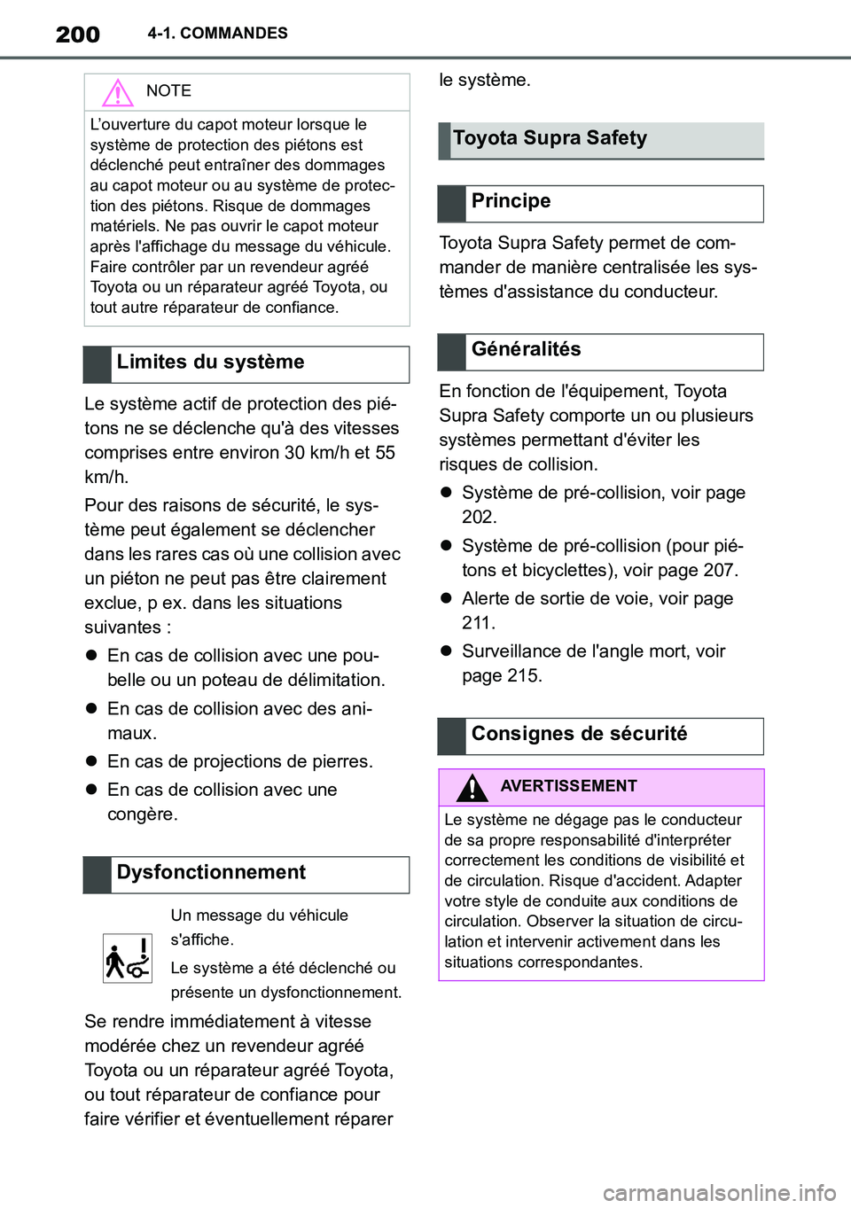 TOYOTA SUPRA 2020 Notices Demploi (in French) 200
Supra Owners Manual_EK
4-1. COMMANDES
Le système actif de protection des pié-
tons ne se déclenche quà des vitesses
comprises entre environ 30 km/h et 55
km/h.
Pour des raisons de sécurit TOYOTA SUPRA 2020 Notices Demploi (in French) 200
Supra Owners Manual_EK
4-1. COMMANDES
Le système actif de protection des pié-
tons ne se déclenche quà des vitesses
comprises entre environ 30 km/h et 55
km/h.
Pour des raisons de sécurit