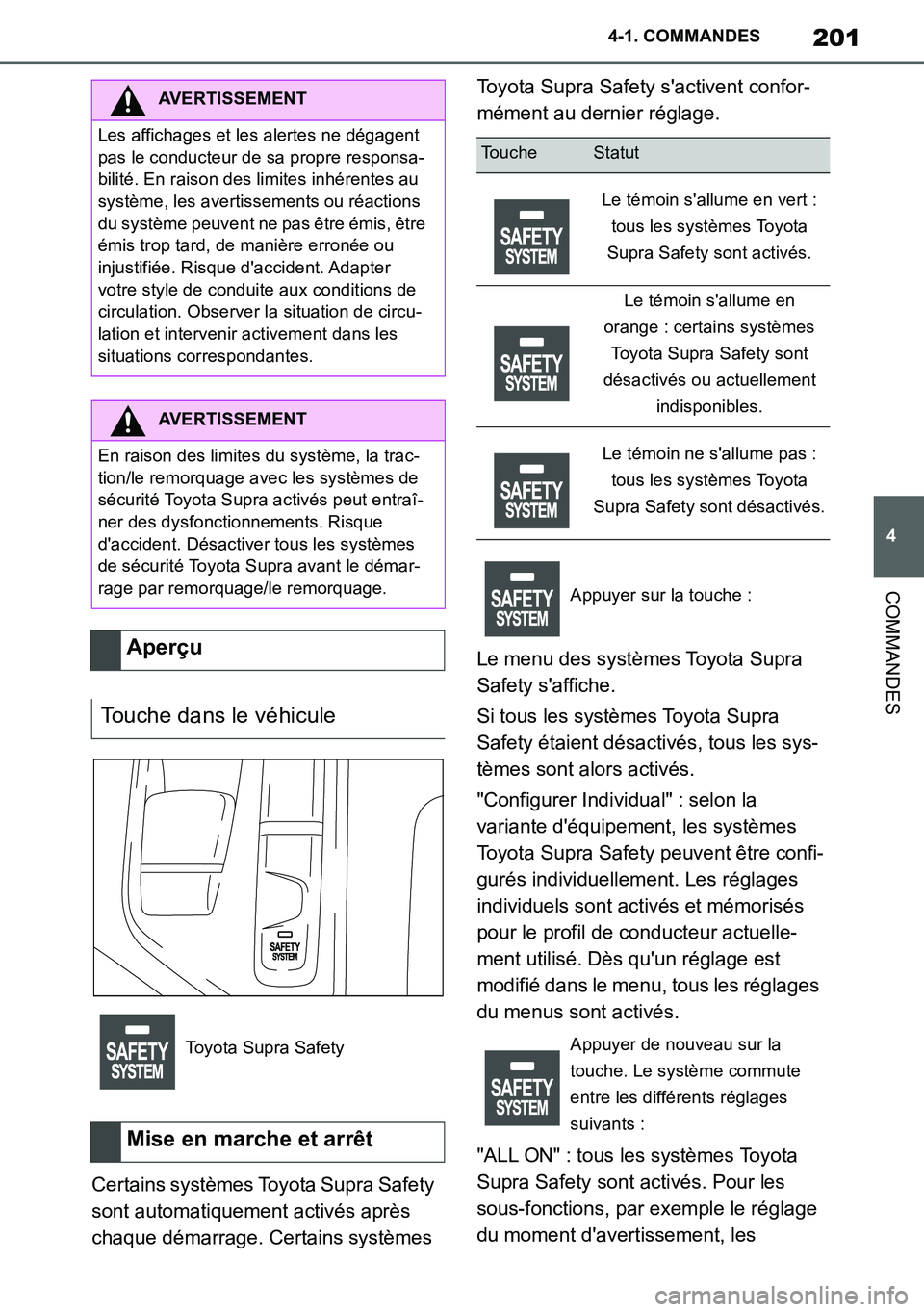 TOYOTA SUPRA 2020 Notices Demploi (in French) 201
4
Supra Owners Manual_EK
4-1. COMMANDES
COMMANDES
Certains systèmes Toyota Supra Safety
sont automatiquement activés après
chaque démarrage. Certains systèmes Toyota Supra Safety sactiven TOYOTA SUPRA 2020 Notices Demploi (in French) 201
4
Supra Owners Manual_EK
4-1. COMMANDES
COMMANDES
Certains systèmes Toyota Supra Safety
sont automatiquement activés après
chaque démarrage. Certains systèmes Toyota Supra Safety sactiven
