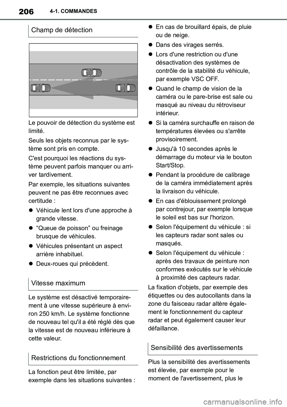 TOYOTA SUPRA 2020 Notices Demploi (in French) 206
Supra Owners Manual_EK
4-1. COMMANDES
Le pouvoir de détection du système est
limité.
Seuls les objets reconnus par le sys-
tème sont pris en compte.
Cest pourquoi les réactions du sys-
tè TOYOTA SUPRA 2020 Notices Demploi (in French) 206
Supra Owners Manual_EK
4-1. COMMANDES
Le pouvoir de détection du système est
limité.
Seuls les objets reconnus par le sys-
tème sont pris en compte.
Cest pourquoi les réactions du sys-
tè
