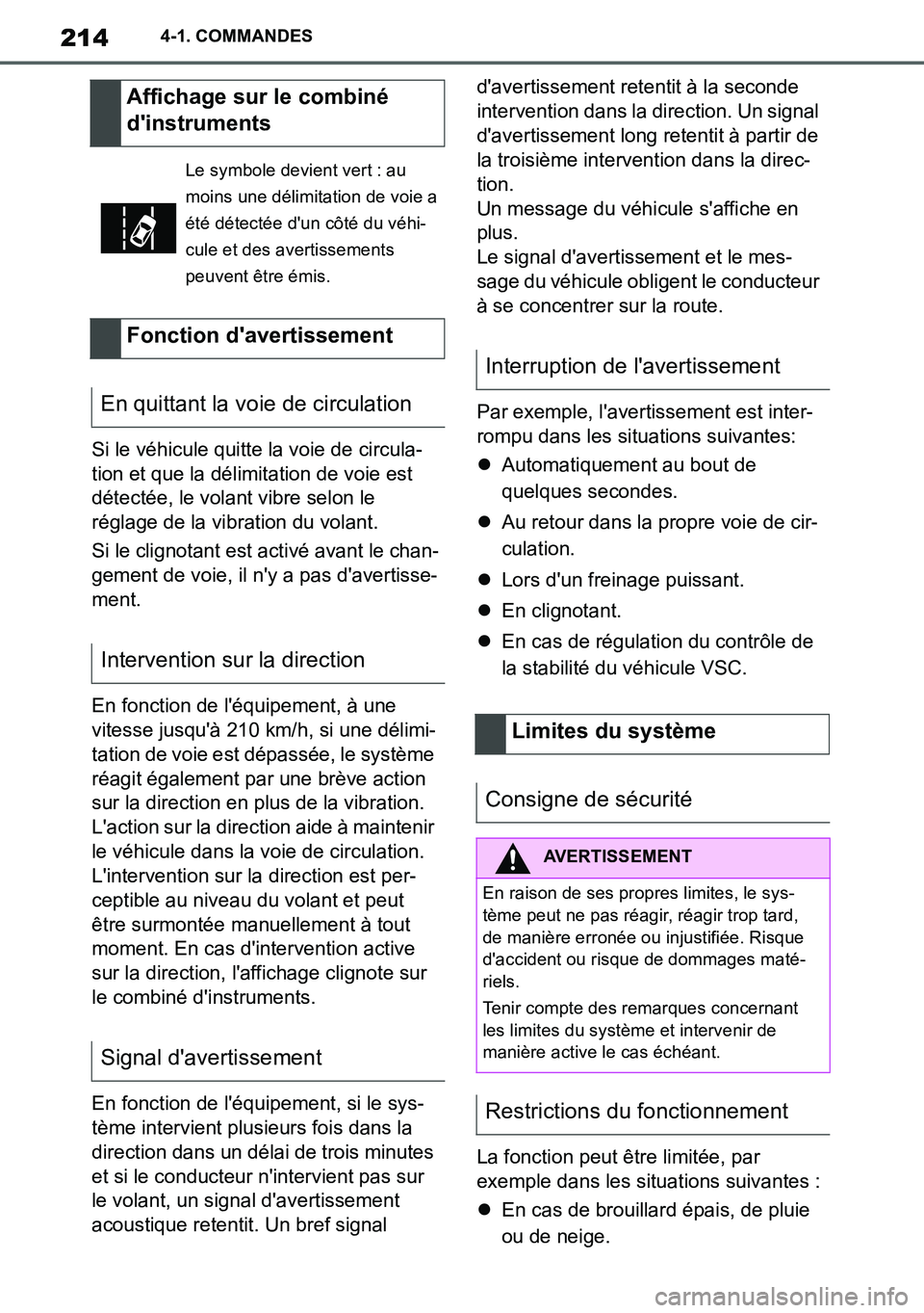 TOYOTA SUPRA 2020 Notices Demploi (in French) 214
Supra Owners Manual_EK
4-1. COMMANDES
Si le véhicule quitte la voie de circula-
tion et que la délimitation de voie est
détectée, le volant vibre selon le
réglage de la vibration du volant TOYOTA SUPRA 2020 Notices Demploi (in French) 214
Supra Owners Manual_EK
4-1. COMMANDES
Si le véhicule quitte la voie de circula-
tion et que la délimitation de voie est
détectée, le volant vibre selon le
réglage de la vibration du volant