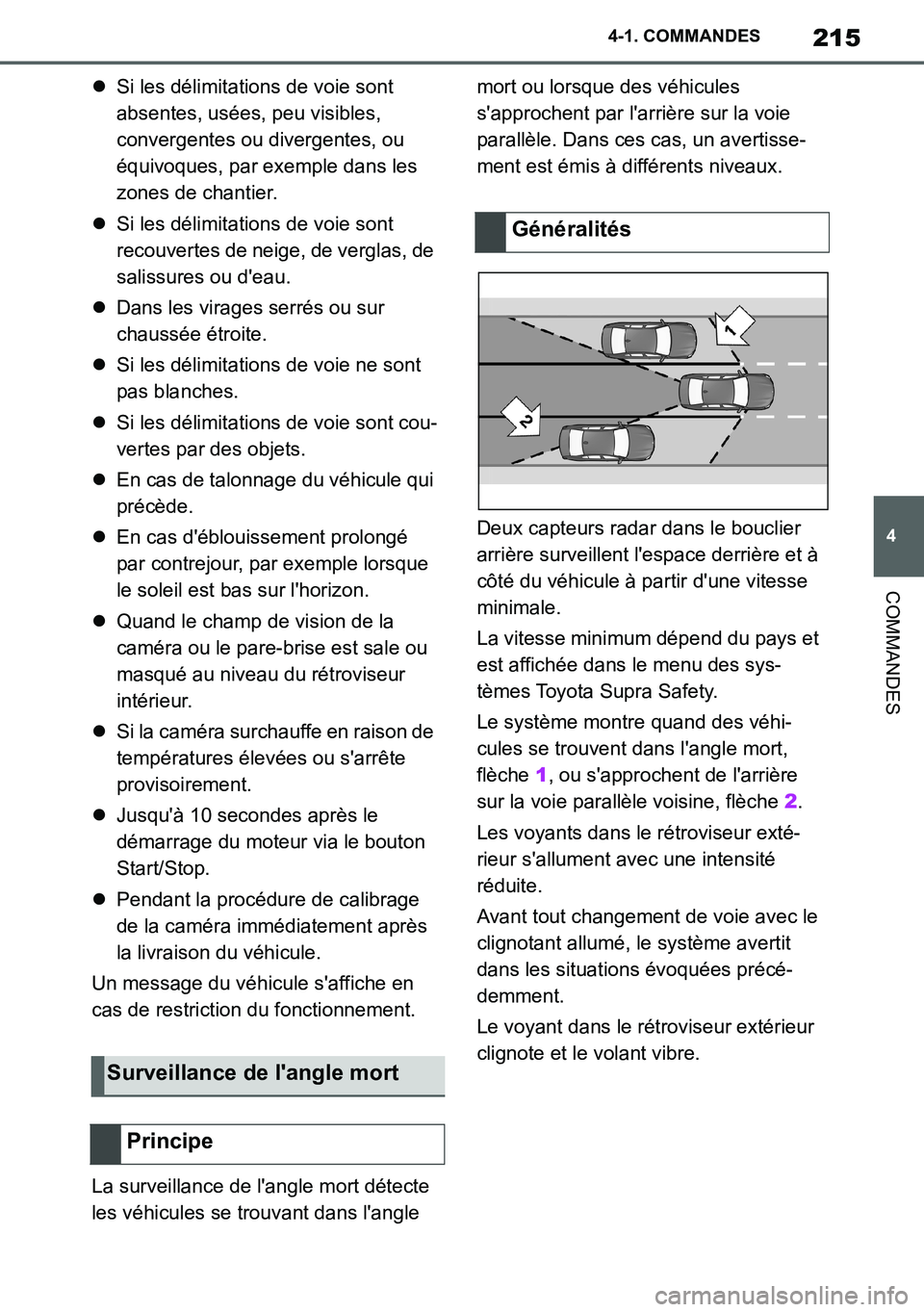 TOYOTA SUPRA 2020 Notices Demploi (in French) 215
4
Supra Owners Manual_EK
4-1. COMMANDES
COMMANDES
Si les délimitations de voie sont
absentes, usées, peu visibles,
convergentes ou divergentes, ou
équivoques, par exemple dans les
zones TOYOTA SUPRA 2020 Notices Demploi (in French) 215
4
Supra Owners Manual_EK
4-1. COMMANDES
COMMANDES
Si les délimitations de voie sont
absentes, usées, peu visibles,
convergentes ou divergentes, ou
équivoques, par exemple dans les
zones