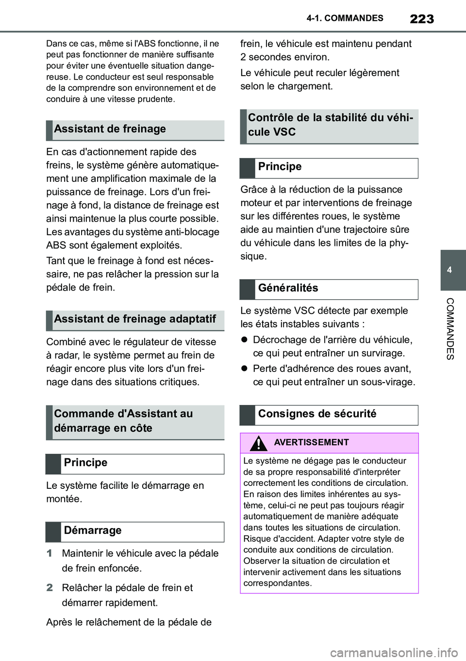 TOYOTA SUPRA 2020 Notices Demploi (in French) 223
4
Supra Owners Manual_EK
4-1. COMMANDES
COMMANDES
Dans ce cas, même si lABS fonctionne, il ne
peut pas fonctionner de manière suffisante
pour éviter une éventuelle situation dange-
reuse. TOYOTA SUPRA 2020 Notices Demploi (in French) 223
4
Supra Owners Manual_EK
4-1. COMMANDES
COMMANDES
Dans ce cas, même si lABS fonctionne, il ne
peut pas fonctionner de manière suffisante
pour éviter une éventuelle situation dange-
reuse.