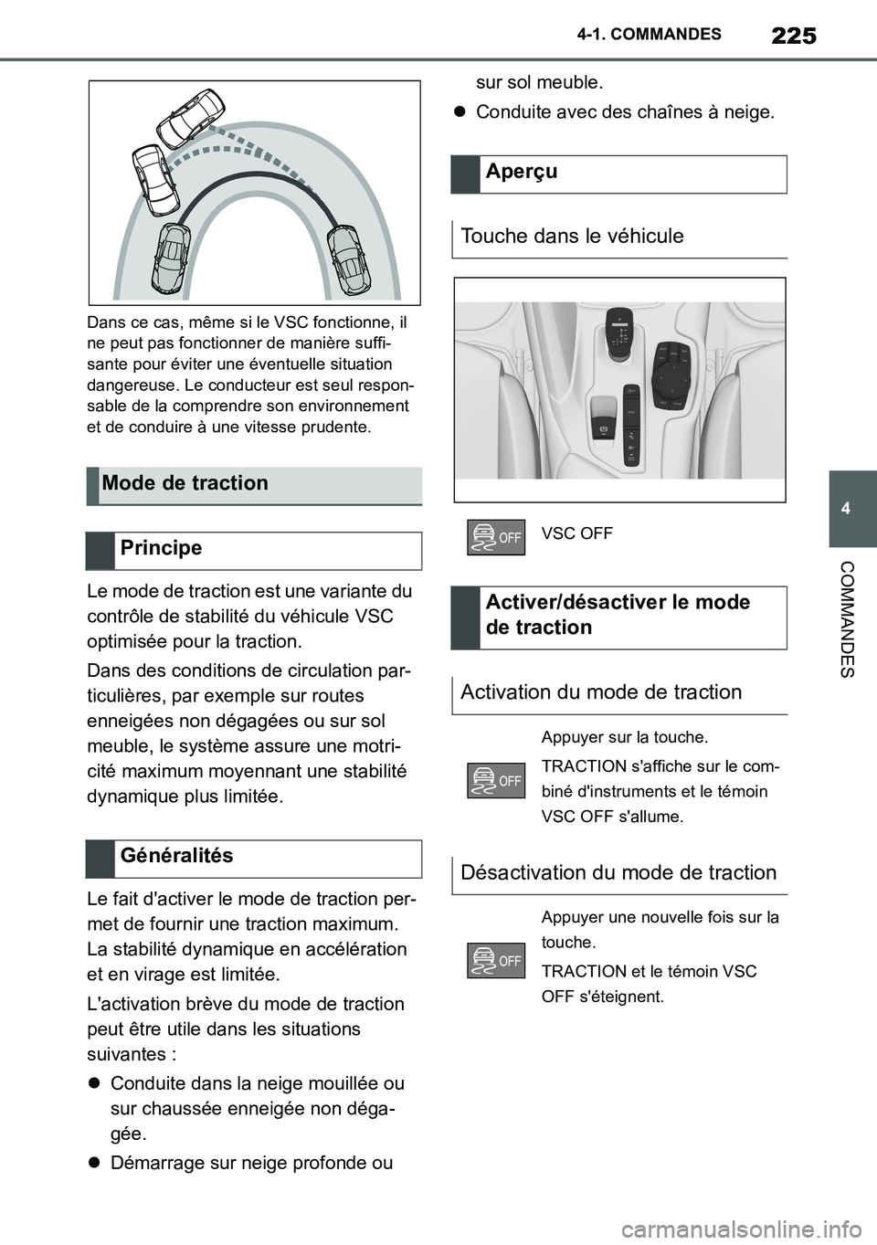 TOYOTA SUPRA 2020 Notices Demploi (in French) 225
4
Supra Owners Manual_EK
4-1. COMMANDES
COMMANDES
Dans ce cas, même si le VSC fonctionne, il
ne peut pas fonctionner de manière suffi-
sante pour éviter une éventuelle situation
dangereuse. TOYOTA SUPRA 2020 Notices Demploi (in French) 225
4
Supra Owners Manual_EK
4-1. COMMANDES
COMMANDES
Dans ce cas, même si le VSC fonctionne, il
ne peut pas fonctionner de manière suffi-
sante pour éviter une éventuelle situation
dangereuse.