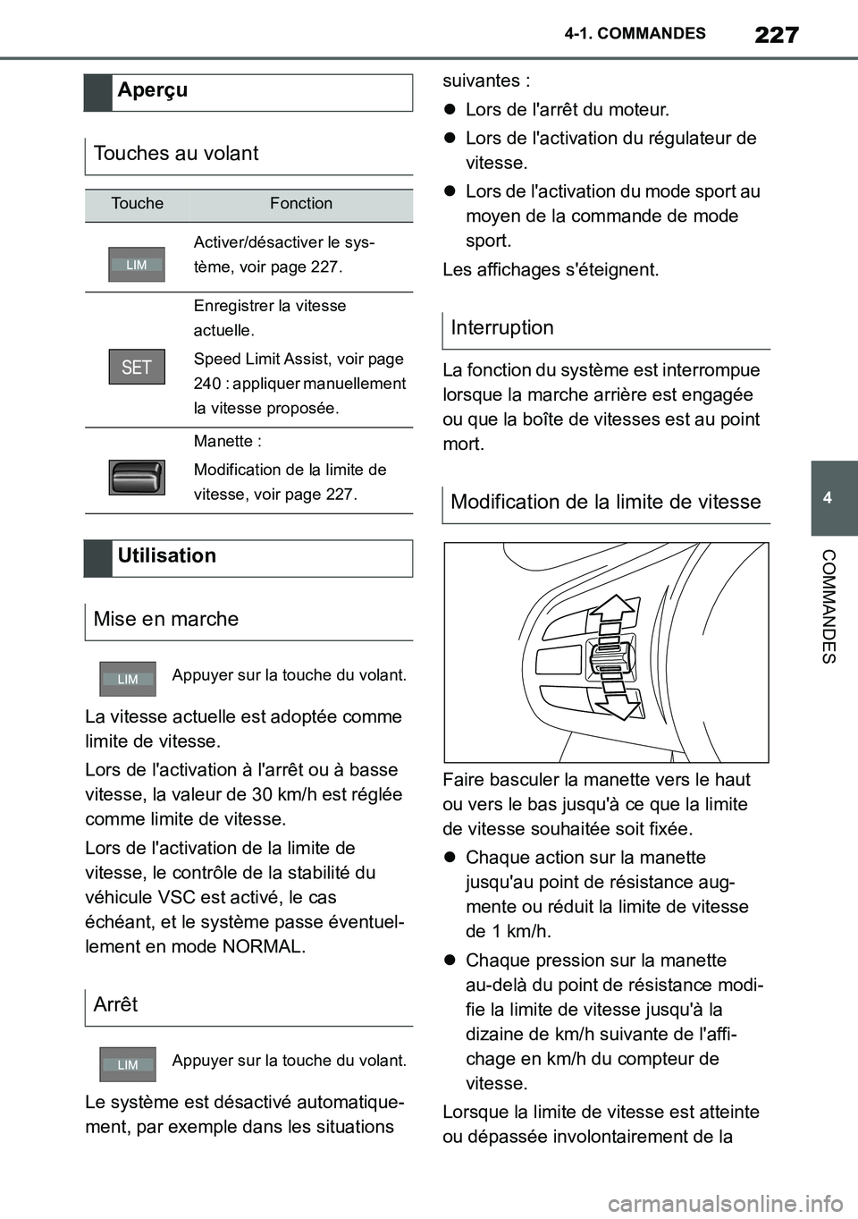 TOYOTA SUPRA 2020 Notices Demploi (in French) 227
4
Supra Owners Manual_EK
4-1. COMMANDES
COMMANDES
La vitesse actuelle est adoptée comme
limite de vitesse.
Lors de lactivation à larrêt ou à basse
vitesse, la valeur de 30 km/h est régl TOYOTA SUPRA 2020 Notices Demploi (in French) 227
4
Supra Owners Manual_EK
4-1. COMMANDES
COMMANDES
La vitesse actuelle est adoptée comme
limite de vitesse.
Lors de lactivation à larrêt ou à basse
vitesse, la valeur de 30 km/h est régl
