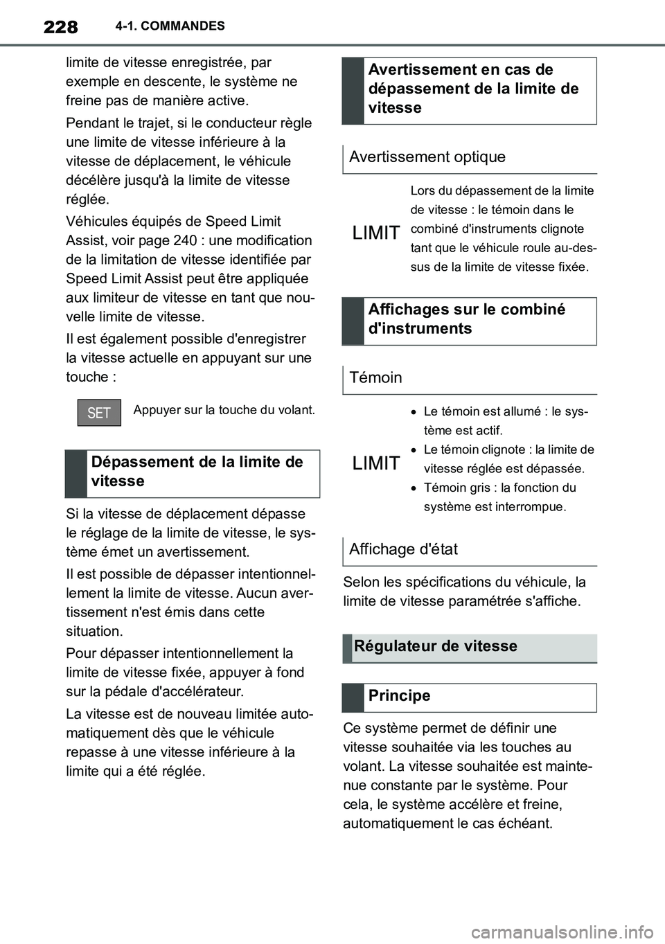 TOYOTA SUPRA 2020 Notices Demploi (in French) 228
Supra Owners Manual_EK
4-1. COMMANDES
limite de vitesse enregistrée, par
exemple en descente, le système ne
freine pas de manière active.
Pendant le trajet, si le conducteur règle
une limi TOYOTA SUPRA 2020 Notices Demploi (in French) 228
Supra Owners Manual_EK
4-1. COMMANDES
limite de vitesse enregistrée, par
exemple en descente, le système ne
freine pas de manière active.
Pendant le trajet, si le conducteur règle
une limi
