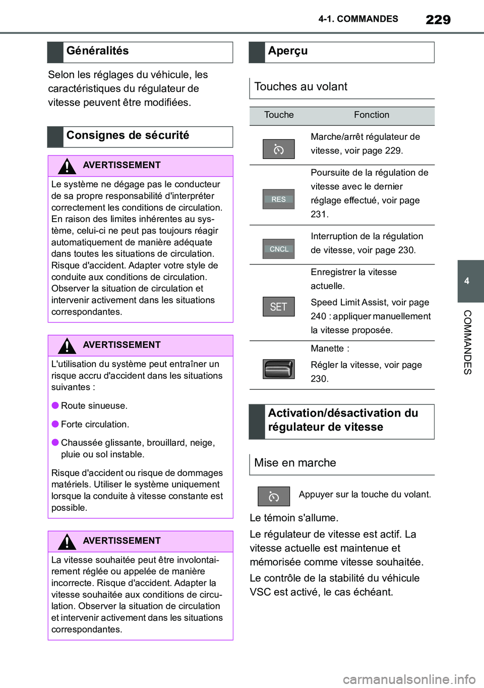 TOYOTA SUPRA 2020 Notices Demploi (in French) 229
4
Supra Owners Manual_EK
4-1. COMMANDES
COMMANDES
Selon les réglages du véhicule, les
caractéristiques du régulateur de
vitesse peuvent être modifiées.
Le témoin sallume.
Le régulateur TOYOTA SUPRA 2020 Notices Demploi (in French) 229
4
Supra Owners Manual_EK
4-1. COMMANDES
COMMANDES
Selon les réglages du véhicule, les
caractéristiques du régulateur de
vitesse peuvent être modifiées.
Le témoin sallume.
Le régulateur