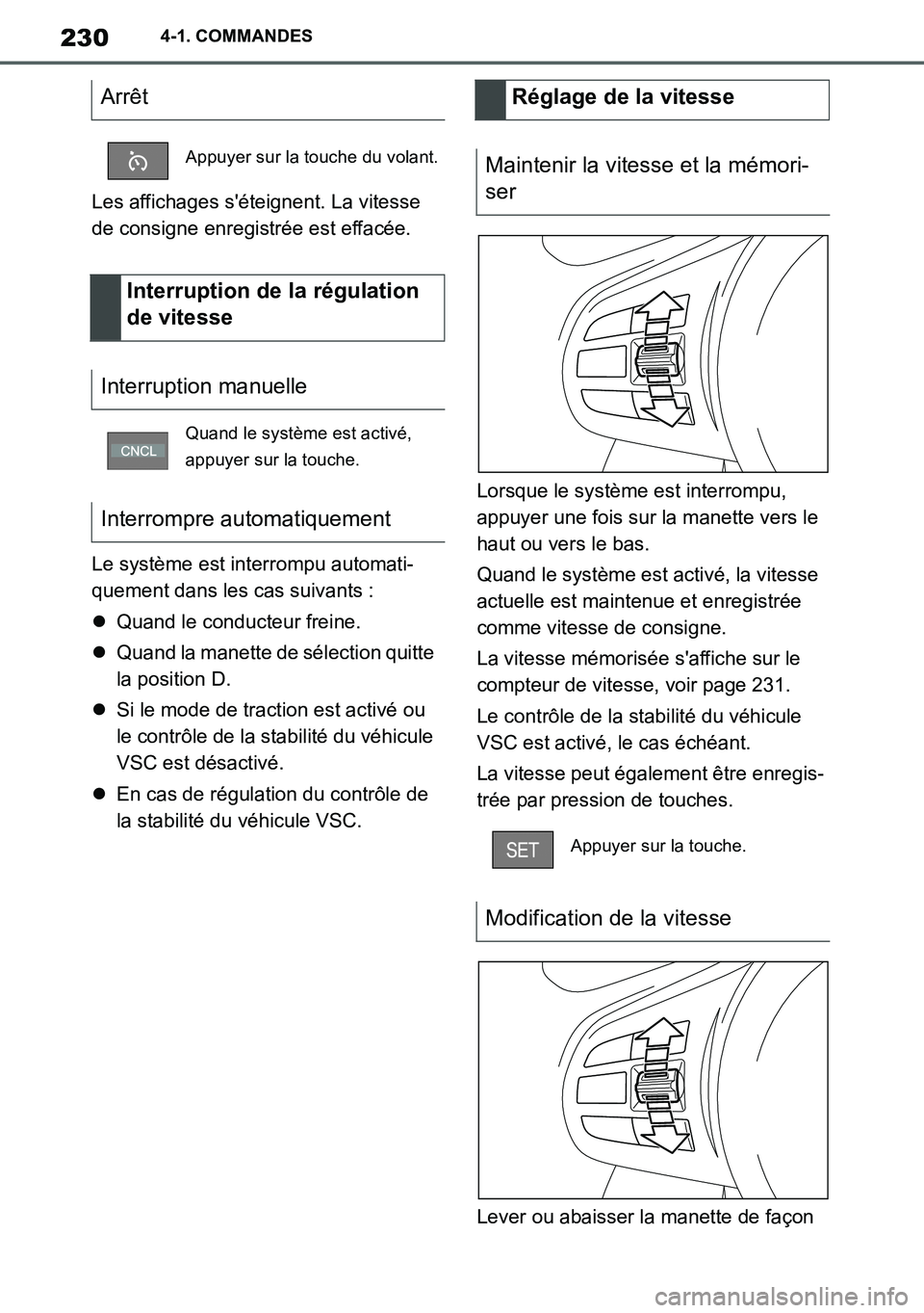 TOYOTA SUPRA 2020 Notices Demploi (in French) 230
Supra Owners Manual_EK
4-1. COMMANDES
Les affichages séteignent. La vitesse
de consigne enregistrée est effacée.
Le système est interrompu automati-
quement dans les cas suivants :
Quand TOYOTA SUPRA 2020 Notices Demploi (in French) 230
Supra Owners Manual_EK
4-1. COMMANDES
Les affichages séteignent. La vitesse
de consigne enregistrée est effacée.
Le système est interrompu automati-
quement dans les cas suivants :
Quand