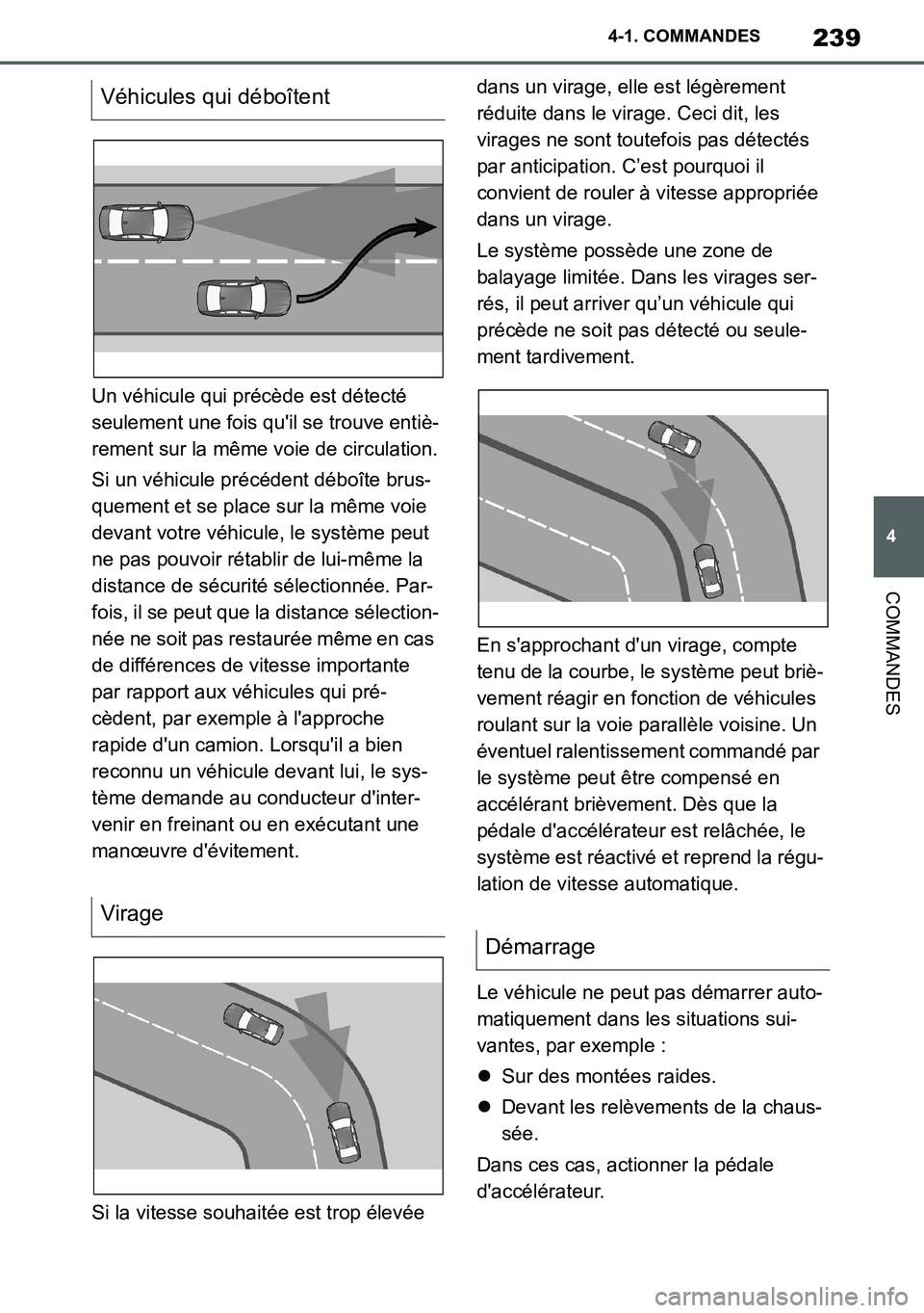 TOYOTA SUPRA 2020 Notices Demploi (in French) 239
4
Supra Owners Manual_EK
4-1. COMMANDES
COMMANDES
Un véhicule qui précède est détecté
seulement une fois quil se trouve entiè-
rement sur la même voie de circulation.
Si un véhicule pr TOYOTA SUPRA 2020 Notices Demploi (in French) 239
4
Supra Owners Manual_EK
4-1. COMMANDES
COMMANDES
Un véhicule qui précède est détecté
seulement une fois quil se trouve entiè-
rement sur la même voie de circulation.
Si un véhicule pr