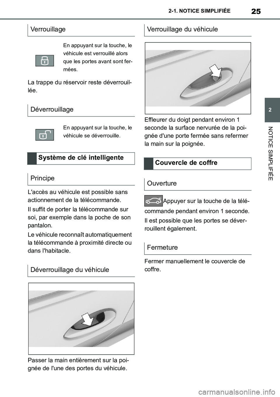 TOYOTA SUPRA 2020 Notices Demploi (in French) 25
2
Supra Owners Manual_EK
2-1. NOTICE SIMPLIFIÉE
NOTICE SIMPLIFIÉE
La trappe du réservoir reste déverrouil-
lée.
Laccès au véhicule est possible sans
actionnement de la télécommande.
Il TOYOTA SUPRA 2020 Notices Demploi (in French) 25
2
Supra Owners Manual_EK
2-1. NOTICE SIMPLIFIÉE
NOTICE SIMPLIFIÉE
La trappe du réservoir reste déverrouil-
lée.
Laccès au véhicule est possible sans
actionnement de la télécommande.
Il