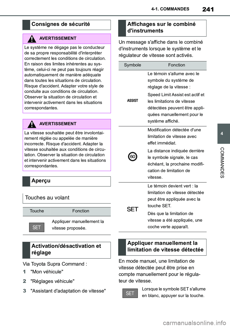 TOYOTA SUPRA 2020 Notices Demploi (in French) 241
4
Supra Owners Manual_EK
4-1. COMMANDES
COMMANDES
Via Toyota Supra Command :
1"Mon véhicule"
2"Réglages véhicule"
3"Assistant dadaptation de vitesse"Un message saffiche dans le combiné
di TOYOTA SUPRA 2020 Notices Demploi (in French) 241
4
Supra Owners Manual_EK
4-1. COMMANDES
COMMANDES
Via Toyota Supra Command :
1"Mon véhicule"
2"Réglages véhicule"
3"Assistant dadaptation de vitesse"Un message saffiche dans le combiné
di