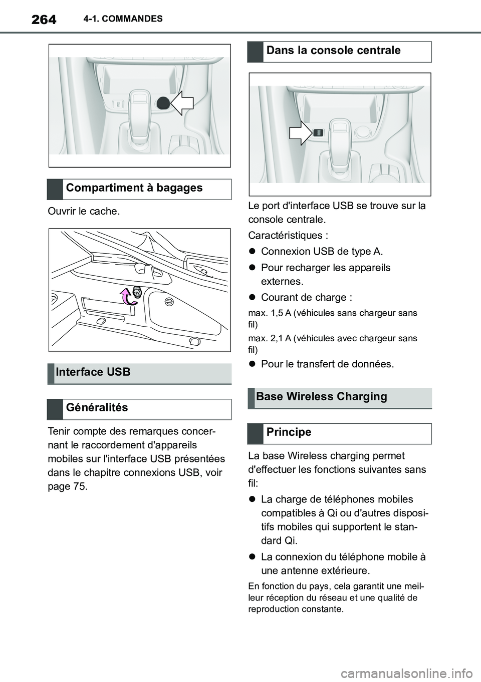 TOYOTA SUPRA 2020 Notices Demploi (in French) 264
Supra Owners Manual_EK
4-1. COMMANDES
Ouvrir le cache.
Tenir compte des remarques concer-
nant le raccordement dappareils
mobiles sur linterface USB présentées
dans le chapitre connexions U TOYOTA SUPRA 2020 Notices Demploi (in French) 264
Supra Owners Manual_EK
4-1. COMMANDES
Ouvrir le cache.
Tenir compte des remarques concer-
nant le raccordement dappareils
mobiles sur linterface USB présentées
dans le chapitre connexions U