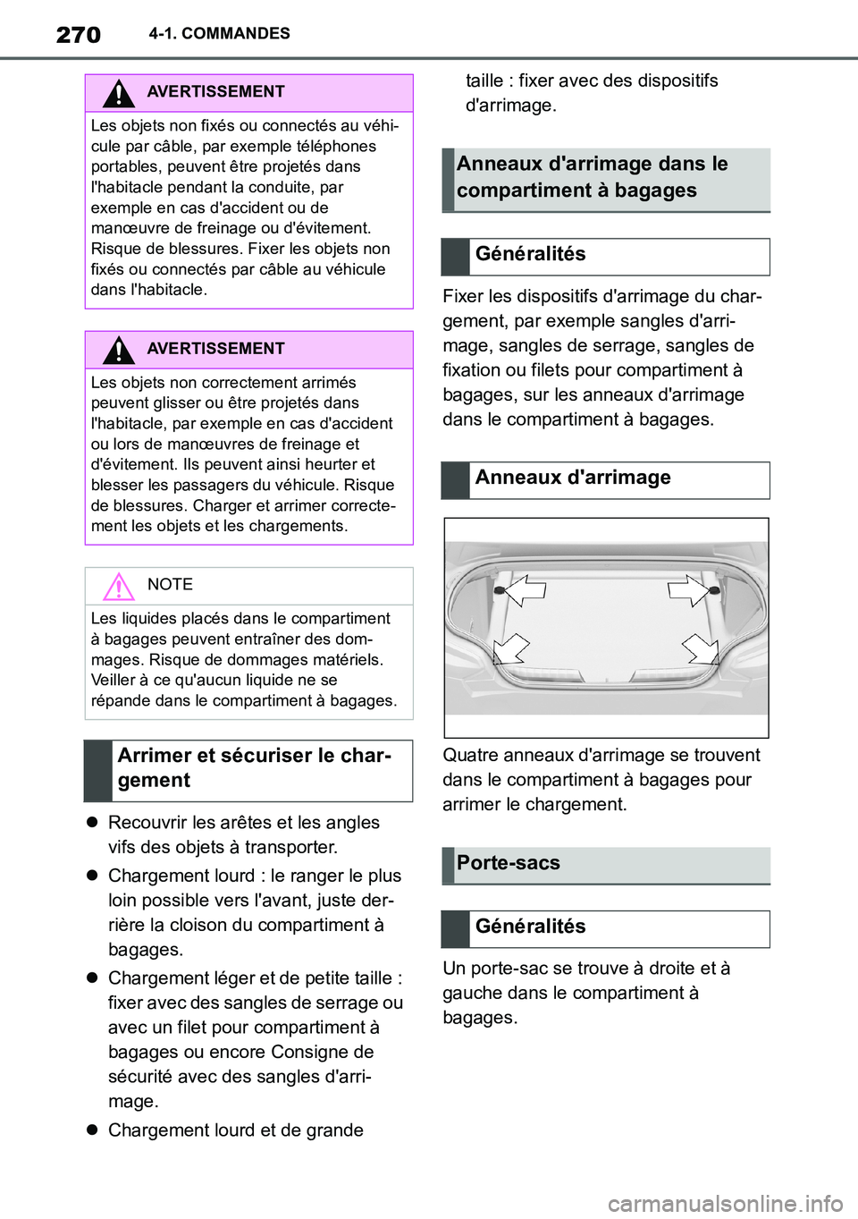 TOYOTA SUPRA 2020 Notices Demploi (in French) 270
Supra Owners Manual_EK
4-1. COMMANDES
Recouvrir les arêtes et les angles
vifs des objets à transporter.
Chargement lourd : le ranger le plus
loin possible vers lavant, juste der-
rièr TOYOTA SUPRA 2020 Notices Demploi (in French) 270
Supra Owners Manual_EK
4-1. COMMANDES
Recouvrir les arêtes et les angles
vifs des objets à transporter.
Chargement lourd : le ranger le plus
loin possible vers lavant, juste der-
rièr