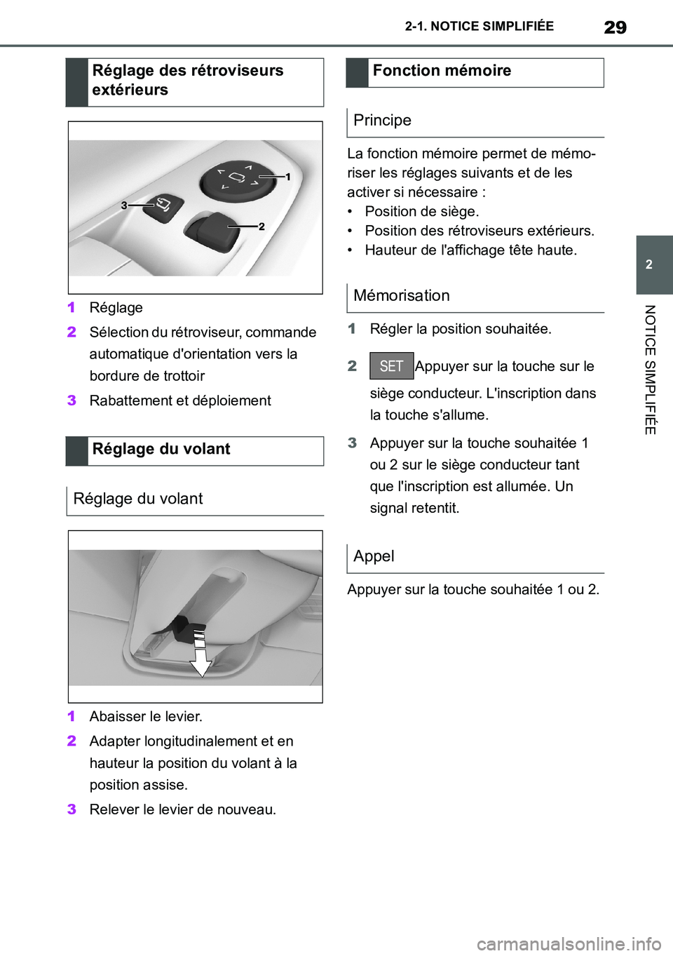 TOYOTA SUPRA 2020 Notices Demploi (in French) 29
2
Supra Owners Manual_EK
2-1. NOTICE SIMPLIFIÉE
NOTICE SIMPLIFIÉE1Réglage
2Sélection du rétroviseur, commande
automatique dorientation vers la
bordure de trottoir
3Rabattement et déploiem TOYOTA SUPRA 2020 Notices Demploi (in French) 29
2
Supra Owners Manual_EK
2-1. NOTICE SIMPLIFIÉE
NOTICE SIMPLIFIÉE1Réglage
2Sélection du rétroviseur, commande
automatique dorientation vers la
bordure de trottoir
3Rabattement et déploiem