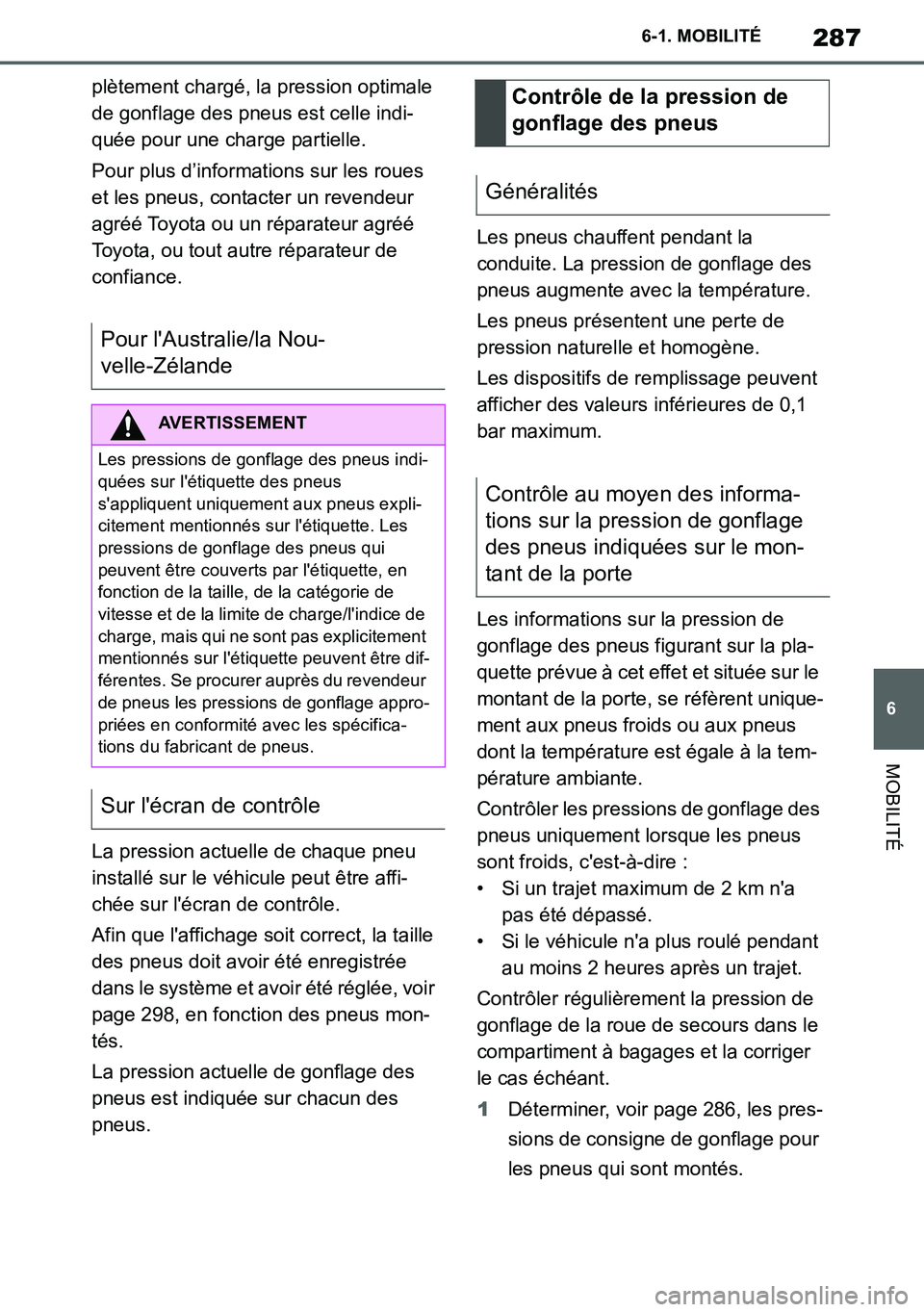 TOYOTA SUPRA 2020 Notices Demploi (in French) 287
6
Supra Owners Manual_EK
6-1. MOBILITÉ
MOBILITÉ
plètement chargé, la pression optimale
de gonflage des pneus est celle indi-
quée pour une charge partielle.
Pour plus d’informations sur l TOYOTA SUPRA 2020 Notices Demploi (in French) 287
6
Supra Owners Manual_EK
6-1. MOBILITÉ
MOBILITÉ
plètement chargé, la pression optimale
de gonflage des pneus est celle indi-
quée pour une charge partielle.
Pour plus d’informations sur l