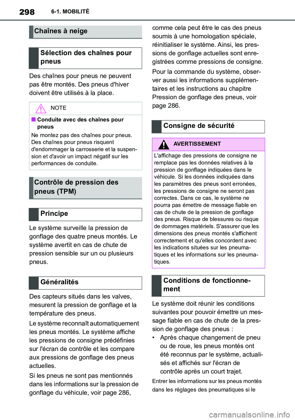 TOYOTA SUPRA 2020 Notices Demploi (in French) 298
Supra Owners Manual_EK
6-1. MOBILITÉ
Des chaînes pour pneus ne peuvent
pas être montés. Des pneus dhiver
doivent être utilisés à la place.
Le système surveille la pression de
gonflage TOYOTA SUPRA 2020 Notices Demploi (in French) 298
Supra Owners Manual_EK
6-1. MOBILITÉ
Des chaînes pour pneus ne peuvent
pas être montés. Des pneus dhiver
doivent être utilisés à la place.
Le système surveille la pression de
gonflage
