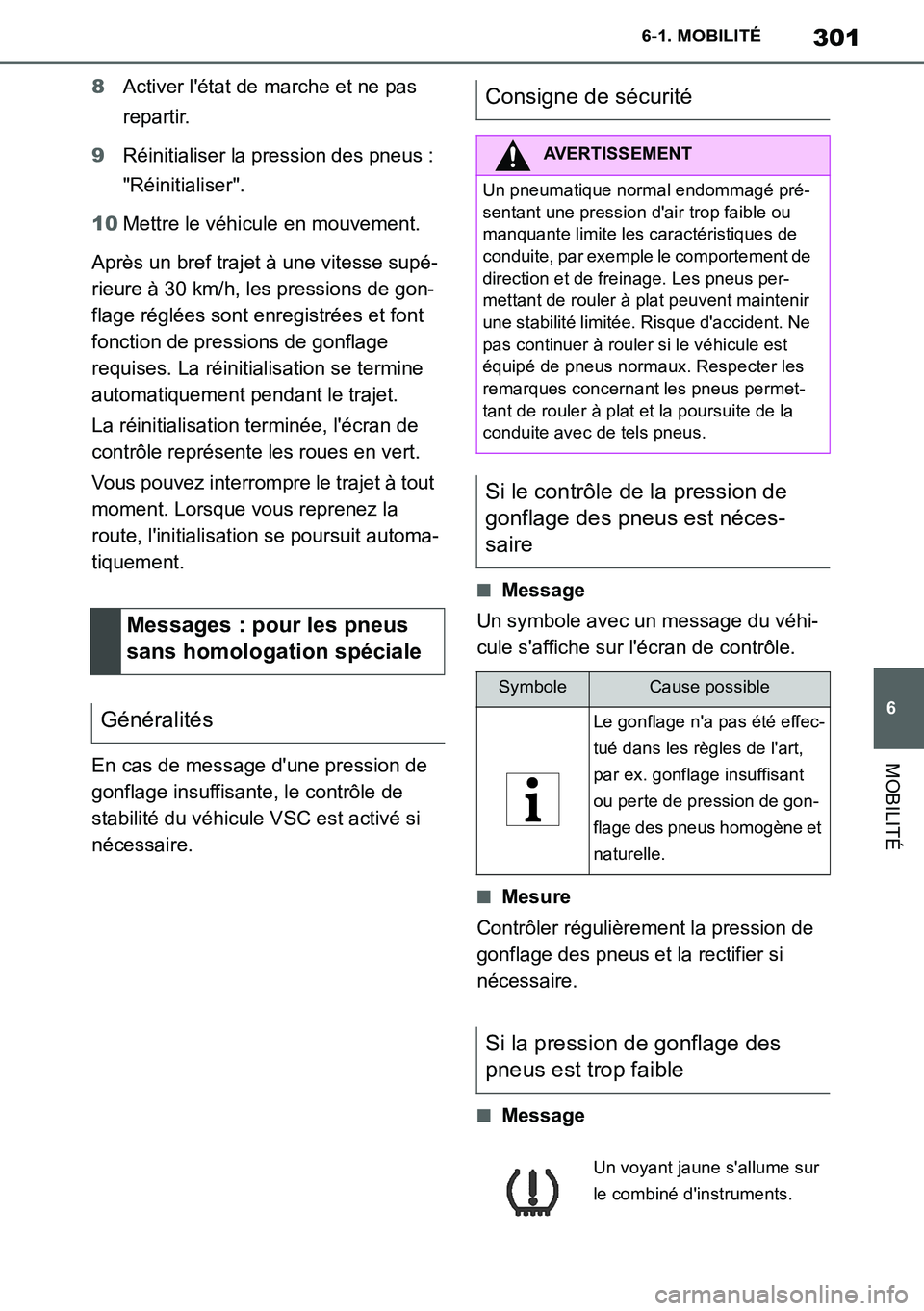 TOYOTA SUPRA 2020 Notices Demploi (in French) 301
6
Supra Owners Manual_EK
6-1. MOBILITÉ
MOBILITÉ
8Activer létat de marche et ne pas
repartir.
9Réinitialiser la pression des pneus :
"Réinitialiser".
10Mettre le véhicule en mouvement.
Ap TOYOTA SUPRA 2020 Notices Demploi (in French) 301
6
Supra Owners Manual_EK
6-1. MOBILITÉ
MOBILITÉ
8Activer létat de marche et ne pas
repartir.
9Réinitialiser la pression des pneus :
"Réinitialiser".
10Mettre le véhicule en mouvement.
Ap
