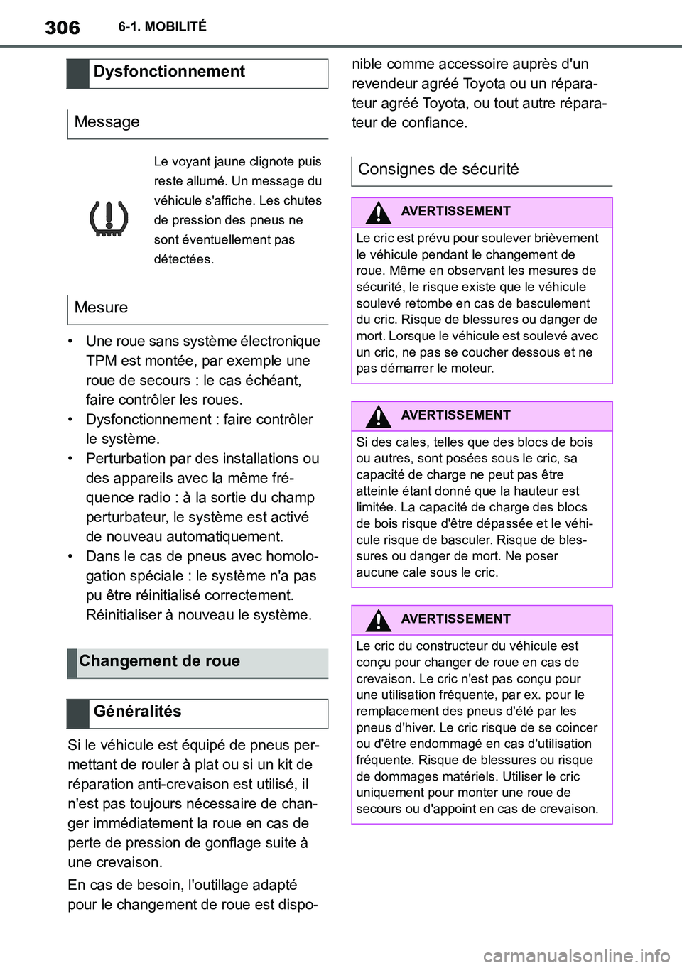 TOYOTA SUPRA 2020 Notices Demploi (in French) 306
Supra Owners Manual_EK
6-1. MOBILITÉ
• Une roue sans système électronique
TPM est montée, par exemple une
roue de secours : le cas échéant,
faire contrôler les roues.
• Dysfonctionn TOYOTA SUPRA 2020 Notices Demploi (in French) 306
Supra Owners Manual_EK
6-1. MOBILITÉ
• Une roue sans système électronique
TPM est montée, par exemple une
roue de secours : le cas échéant,
faire contrôler les roues.
• Dysfonctionn