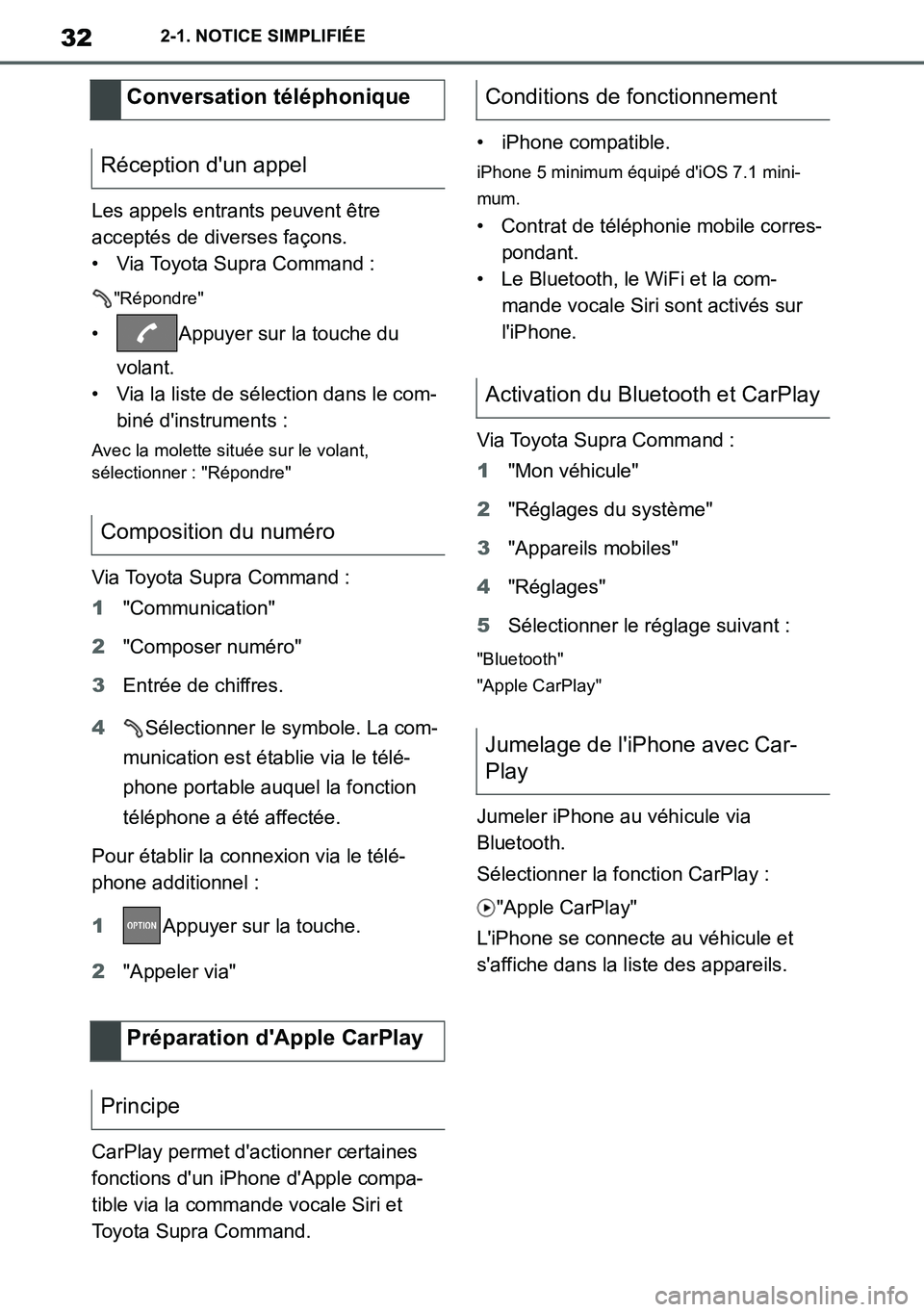 TOYOTA SUPRA 2020  Notices Demploi (in French) 32
Supra Owners Manual_EK
2-1. NOTICE SIMPLIFIÉE
Les appels entrants peuvent être 
acceptés de diverses façons.
• Via Toyota Supra Command :
"Répondre"
• Appuyer sur la touche du 
volant.
