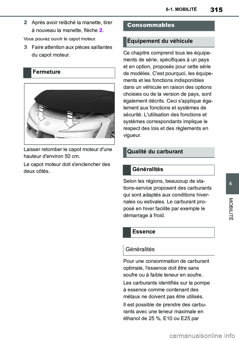 TOYOTA SUPRA 2020 Notices Demploi (in French) 315
6
Supra Owners Manual_EK
6-1. MOBILITÉ
MOBILITÉ
2Après avoir relâché la manette, tirer
à nouveau la manette, flèche 2.
Vous pouvez ouvrir le capot moteur.
3Faire attention aux pièces sai TOYOTA SUPRA 2020 Notices Demploi (in French) 315
6
Supra Owners Manual_EK
6-1. MOBILITÉ
MOBILITÉ
2Après avoir relâché la manette, tirer
à nouveau la manette, flèche 2.
Vous pouvez ouvrir le capot moteur.
3Faire attention aux pièces sai