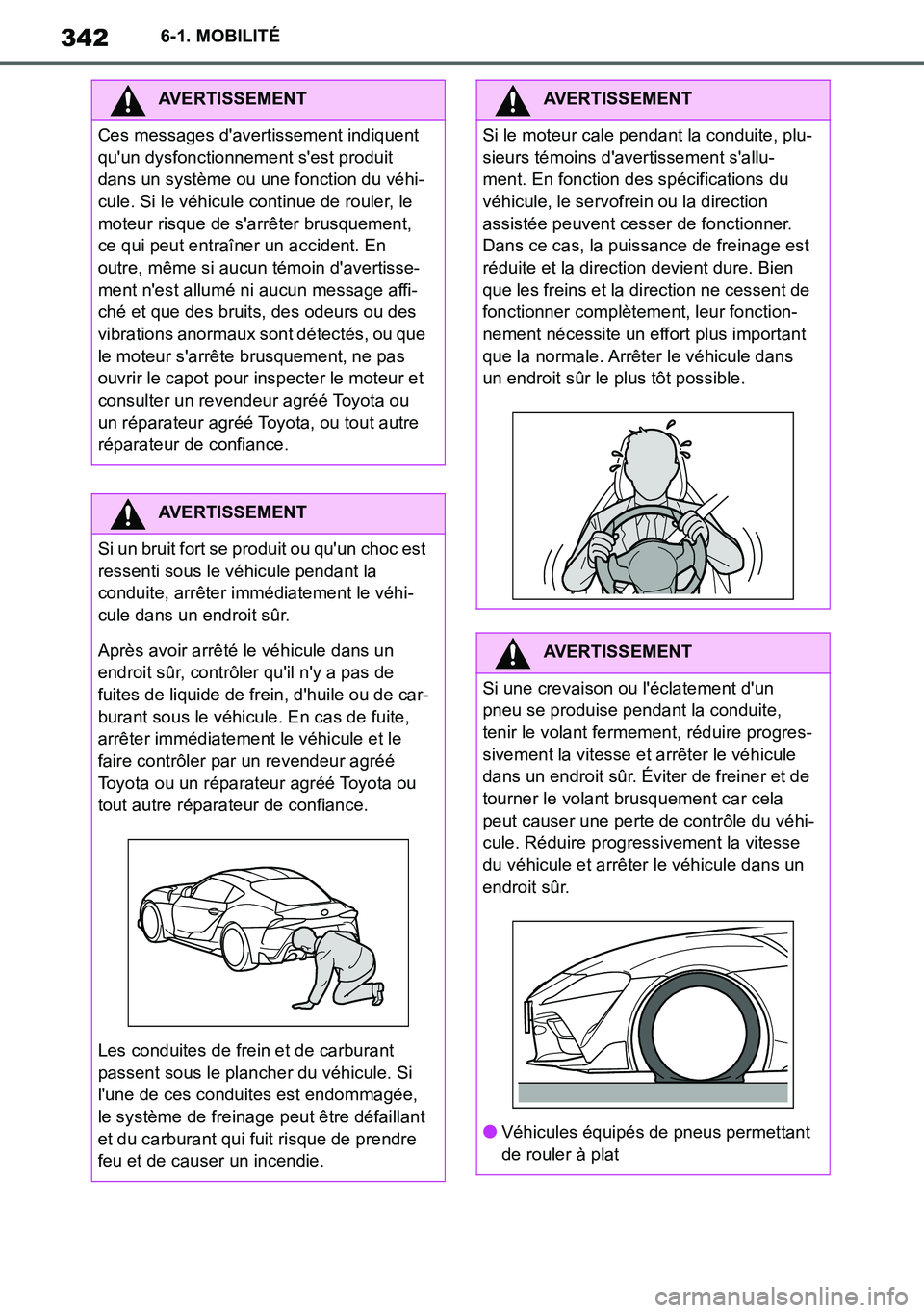 TOYOTA SUPRA 2020 Notices Demploi (in French) 342
Supra Owners Manual_EK
6-1. MOBILITÉ
AVERTISSEMENT
Ces messages davertissement indiquent
quun dysfonctionnement sest produit
dans un système ou une fonction du véhi-
cule. Si le véhicule TOYOTA SUPRA 2020 Notices Demploi (in French) 342
Supra Owners Manual_EK
6-1. MOBILITÉ
AVERTISSEMENT
Ces messages davertissement indiquent
quun dysfonctionnement sest produit
dans un système ou une fonction du véhi-
cule. Si le véhicule