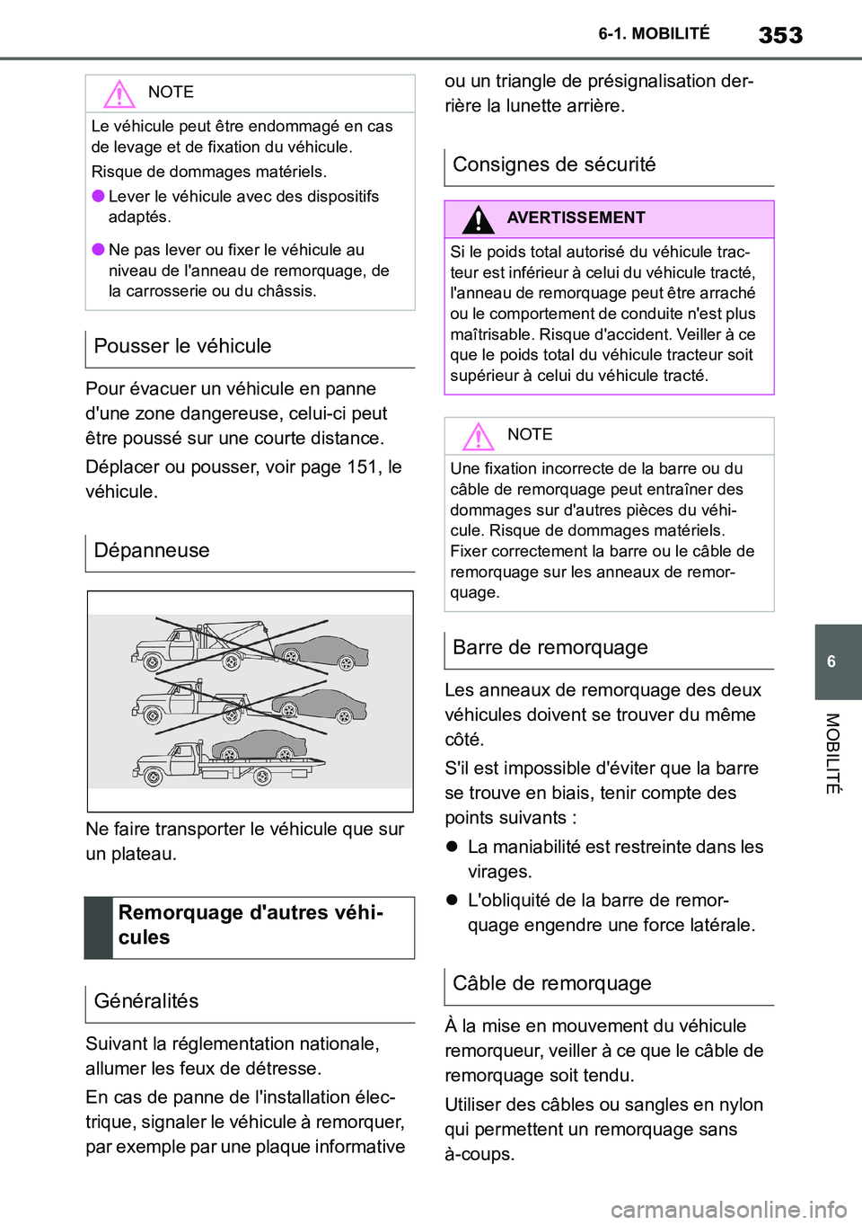 TOYOTA SUPRA 2020 Notices Demploi (in French) 353
6
Supra Owners Manual_EK
6-1. MOBILITÉ
MOBILITÉ
Pour évacuer un véhicule en panne
dune zone dangereuse, celui-ci peut
être poussé sur une courte distance.
Déplacer ou pousser, voir page TOYOTA SUPRA 2020 Notices Demploi (in French) 353
6
Supra Owners Manual_EK
6-1. MOBILITÉ
MOBILITÉ
Pour évacuer un véhicule en panne
dune zone dangereuse, celui-ci peut
être poussé sur une courte distance.
Déplacer ou pousser, voir page