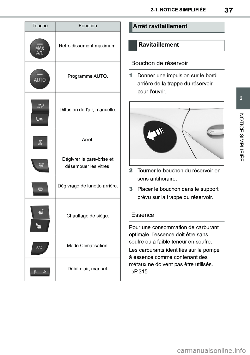 TOYOTA SUPRA 2020  Notices Demploi (in French) 37
2
Supra Owners Manual_EK
2-1. NOTICE SIMPLIFIÉE
NOTICE SIMPLIFIÉE
1Donner une impulsion sur le bord 
arrière de la trappe du réservoir 
pour louvrir.
2Tourner le bouchon du réservoir en 
sen