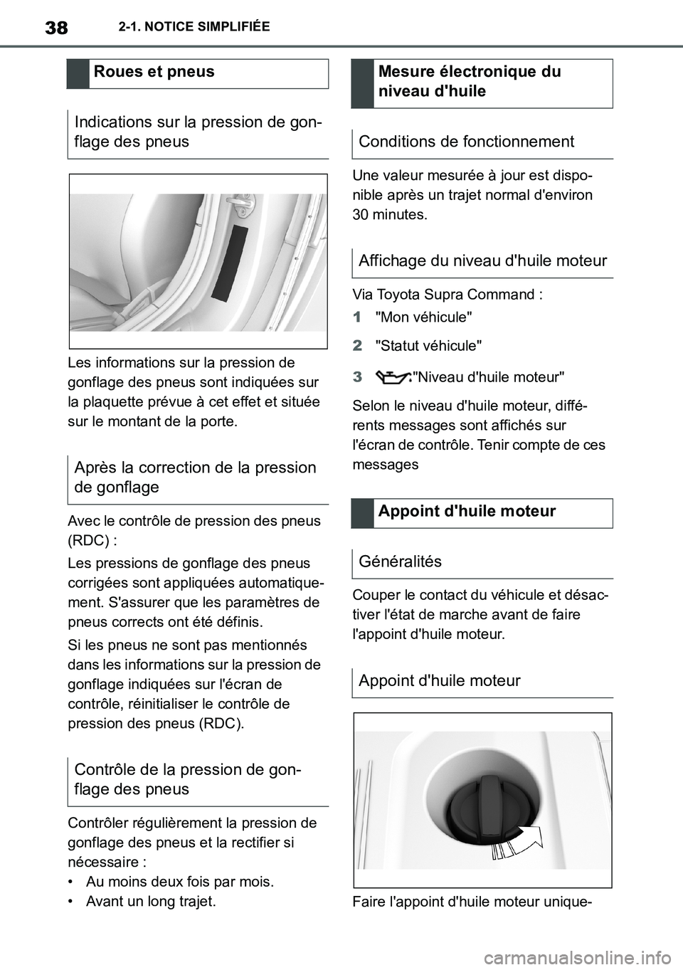 TOYOTA SUPRA 2020  Notices Demploi (in French) 38
Supra Owners Manual_EK
2-1. NOTICE SIMPLIFIÉE
Les informations sur la pression de 
gonflage des pneus sont indiquées sur 
la plaquette prévue à cet effet et située 
sur le montant de la porte