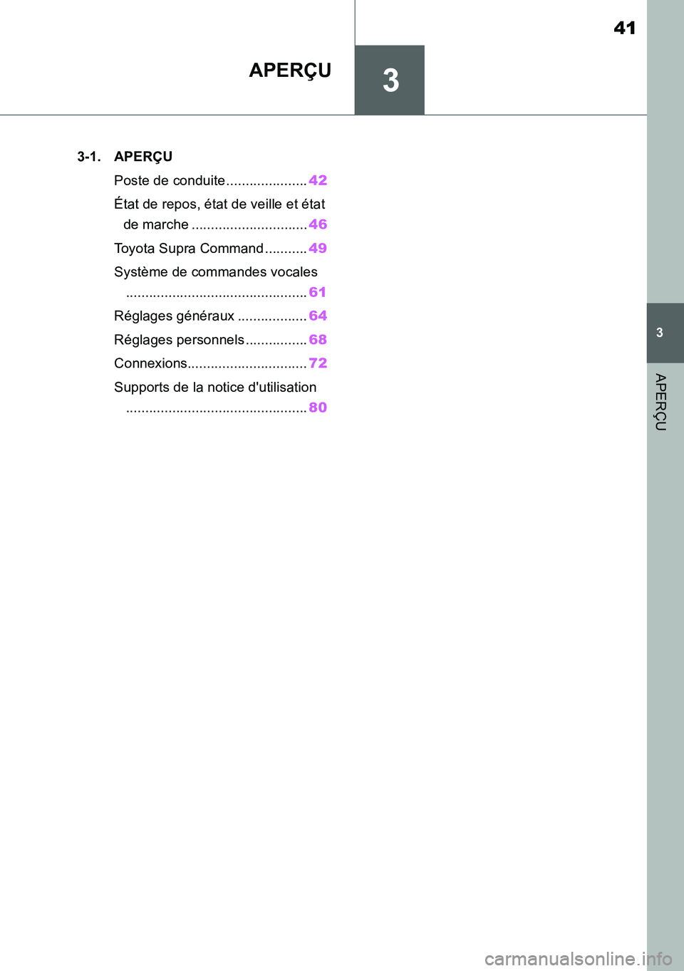 TOYOTA SUPRA 2020 Notices Demploi (in French) 3
41
Supra Owners Manual_EK
3
APERÇU
APERÇU
.3-1. APERÇU
Poste de conduite .....................42
État de repos, état de veille et état
de marche ..............................46
Toyota Supra TOYOTA SUPRA 2020 Notices Demploi (in French) 3
41
Supra Owners Manual_EK
3
APERÇU
APERÇU
.3-1. APERÇU
Poste de conduite .....................42
État de repos, état de veille et état
de marche ..............................46
Toyota Supra