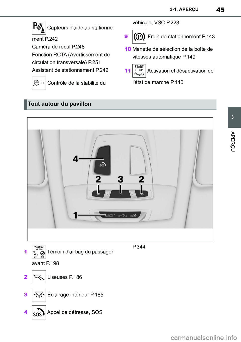 TOYOTA SUPRA 2020 Notices Demploi (in French) 45
3
Supra Owners Manual_EK
3-1. APERÇU
APERÇU
Capteurs daide au stationne-
ment P.242
Caméra de recul P.248
Fonction RCTA (Avertissement de
circulation transversale) P.251
Assistant de station TOYOTA SUPRA 2020 Notices Demploi (in French) 45
3
Supra Owners Manual_EK
3-1. APERÇU
APERÇU
Capteurs daide au stationne-
ment P.242
Caméra de recul P.248
Fonction RCTA (Avertissement de
circulation transversale) P.251
Assistant de station