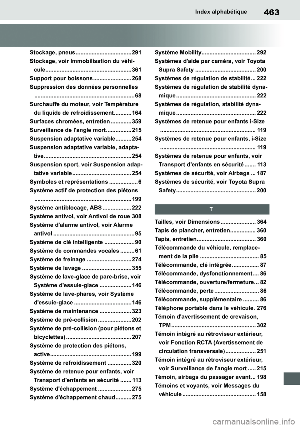 TOYOTA SUPRA 2020  Notices Demploi (in French) 463
Supra Owners Manual
Index alphabétique
Stockage, pneus ................................... 291
Stockage, voir Immobilisation du véhi-
cule...................................................... 