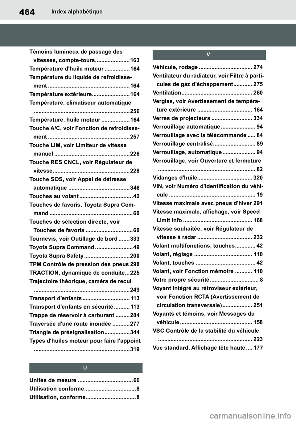 TOYOTA SUPRA 2020  Notices Demploi (in French) 464
Supra Owners Manual
Index alphabétique
Témoins lumineux de passage des 
vitesses, compte-tours...................... 163
Température dhuile moteur ................ 164
Température du liquide