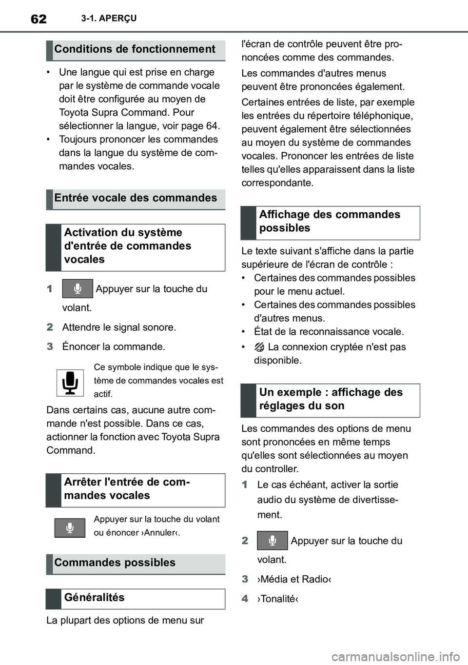 TOYOTA SUPRA 2020 Notices Demploi (in French) 62
Supra Owners Manual_EK
3-1. APERÇU
• Une langue qui est prise en charge
par le système de commande vocale
doit être configurée au moyen de
Toyota Supra Command. Pour
sélectionner la lan TOYOTA SUPRA 2020 Notices Demploi (in French) 62
Supra Owners Manual_EK
3-1. APERÇU
• Une langue qui est prise en charge
par le système de commande vocale
doit être configurée au moyen de
Toyota Supra Command. Pour
sélectionner la lan