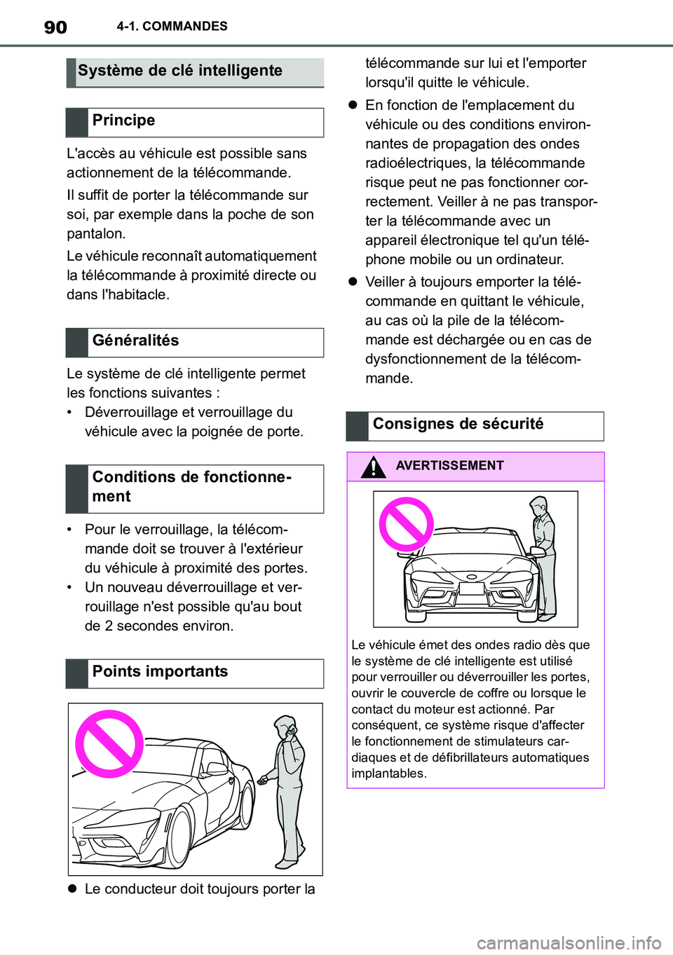 TOYOTA SUPRA 2020 Notices Demploi (in French) 90
Supra Owners Manual_EK
4-1. COMMANDES
Laccès au véhicule est possible sans
actionnement de la télécommande.
Il suffit de porter la télécommande sur
soi, par exemple dans la poche de son
TOYOTA SUPRA 2020 Notices Demploi (in French) 90
Supra Owners Manual_EK
4-1. COMMANDES
Laccès au véhicule est possible sans
actionnement de la télécommande.
Il suffit de porter la télécommande sur
soi, par exemple dans la poche de son