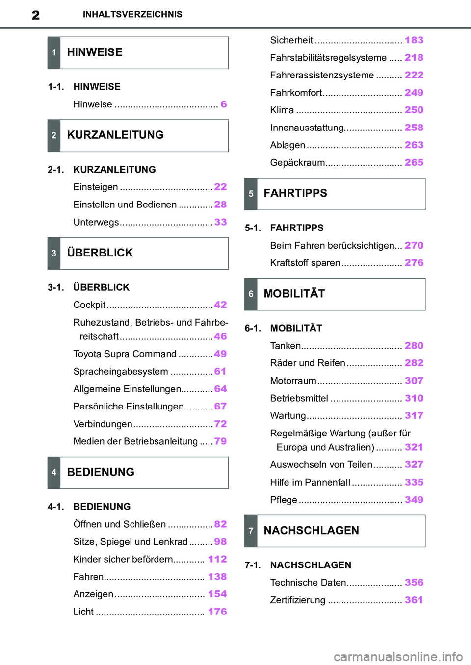 TOYOTA SUPRA 2020  Betriebsanleitungen (in German) 2
Supra Owners Manual_EM
INHALTSVERZEICHNIS
1-1. HINWEISE
Hinweise .......................................6
2-1. KURZANLEITUNG
Einsteigen ...................................22
Einstellen und Bedienen